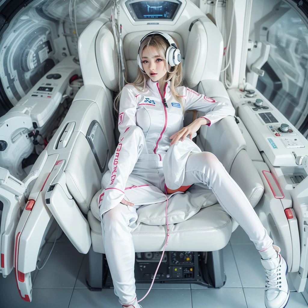 Seductive woman perfect beauty Very white skin beautiful eyes glossy lips sit on seat,Legs up Wearing a thin jumpsuit Feature earphone inside spacecraft