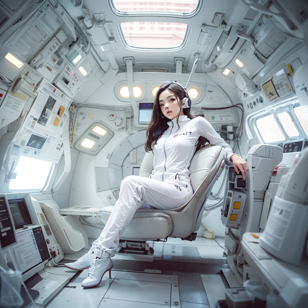 Seductive woman perfect beauty Very white skin beautiful eyes glossy lips sit on seat,Legs up Wearing a thin jumpsuit Feature earphone inside spacecraft