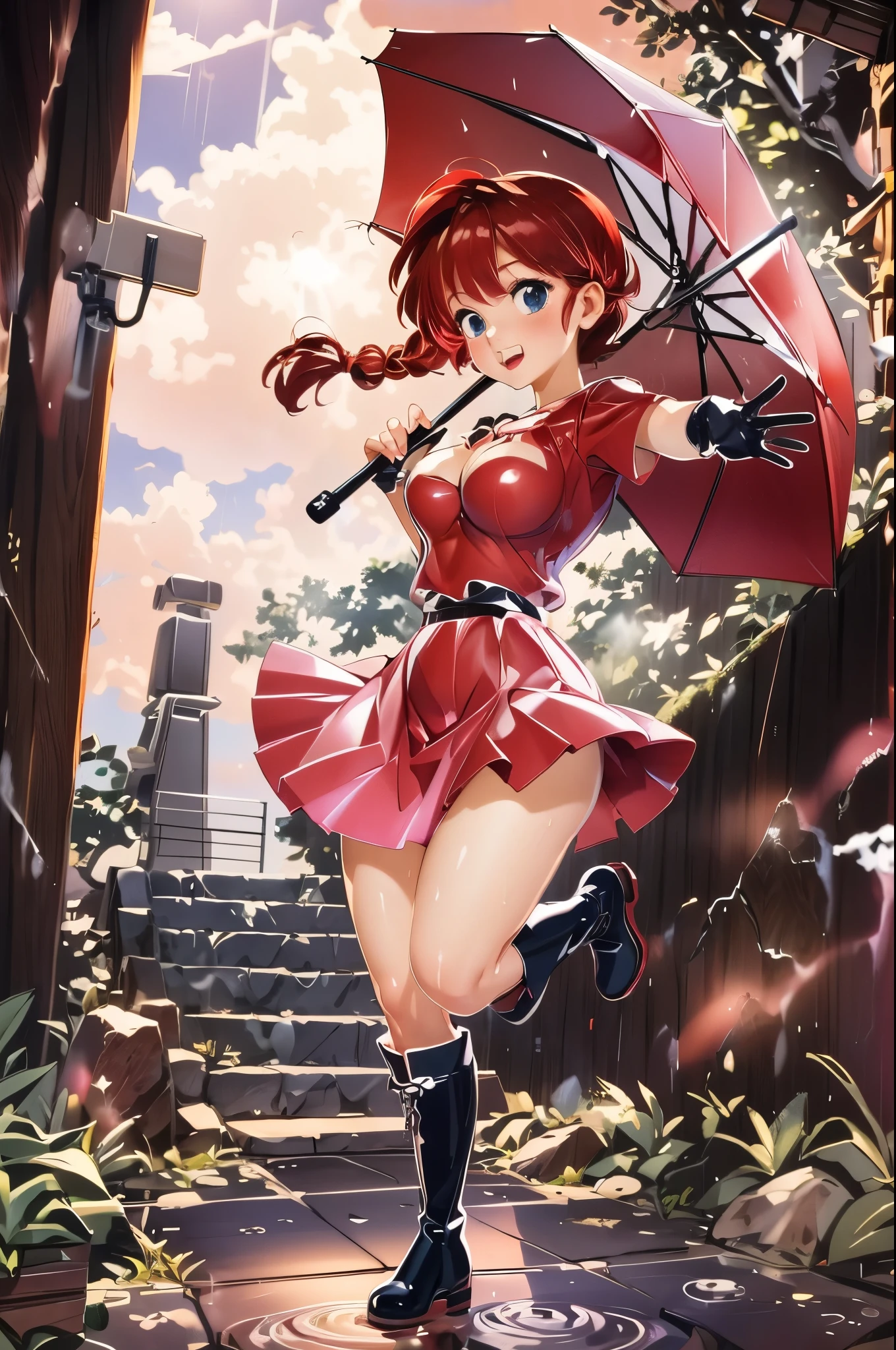 redhead anime girl in pink boots holding an umbrella, big breasts, beautiful breasts, red latex top, black latex skirt, anime style, beautiful lighting, daylight, big breasts, beautiful breasts, sexy anime girl, good lighting environment, whole body