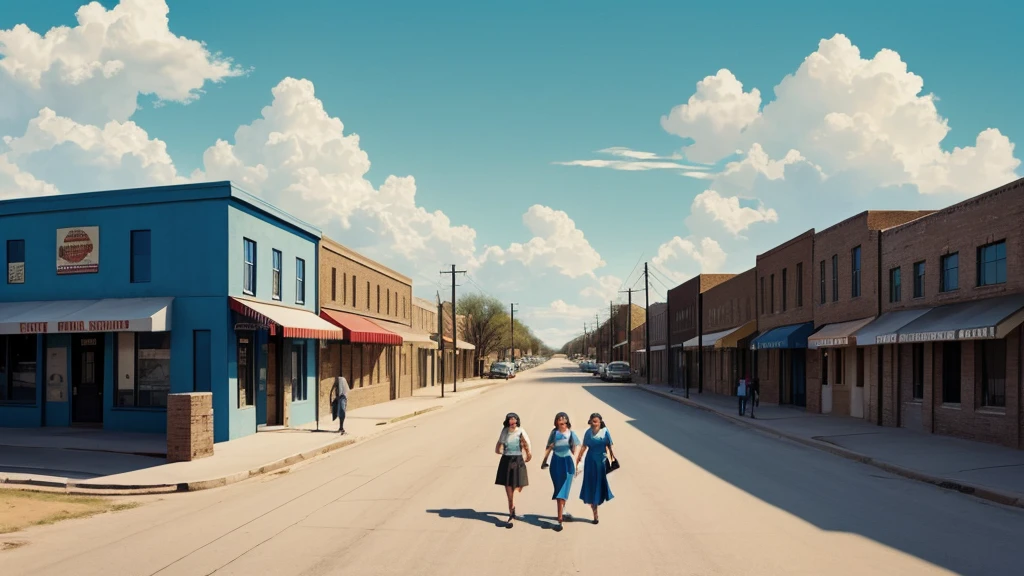 1940s poster, artwork, simple art, small town texas, blue sky, light clouds, beautiful landscape, people walking on streets,