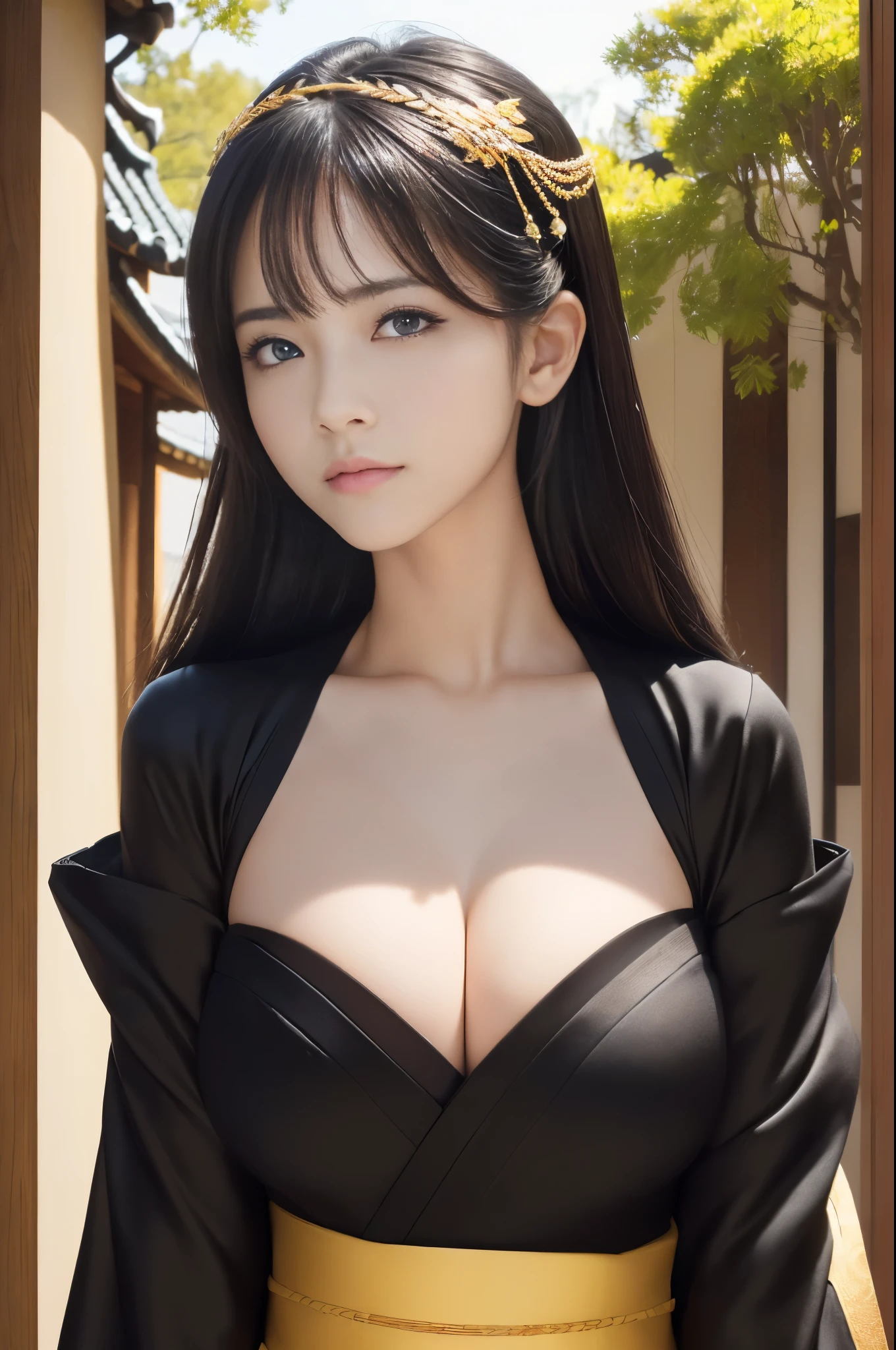 (8K, raw photo, highest resolution, super A high resolution, master piece: 1.3), (1 girl, various poses, close up of face, portrait photography: 1.2), perfect face, bright pupils, (finely detailed beautiful eyes, courtyard), half-closed eyes, shiny skin, lustrous skin, hair ornament, Japanese clothes, black kimono, black bodystocking, breasts, black high heels