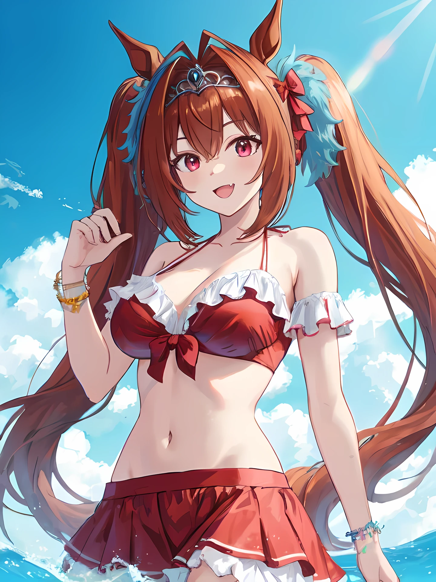 (daiwa scarlet\(umamusume\)), Official alternate costume, official alternative hairstyle, low twin tails, hair ornaments, hair bobble, belly button, red bikini, frillsビキニ, bikini skirt, swimsuit, frills, cheerful face, tooth, big breasts, girl, Pupil with vertical slit, 