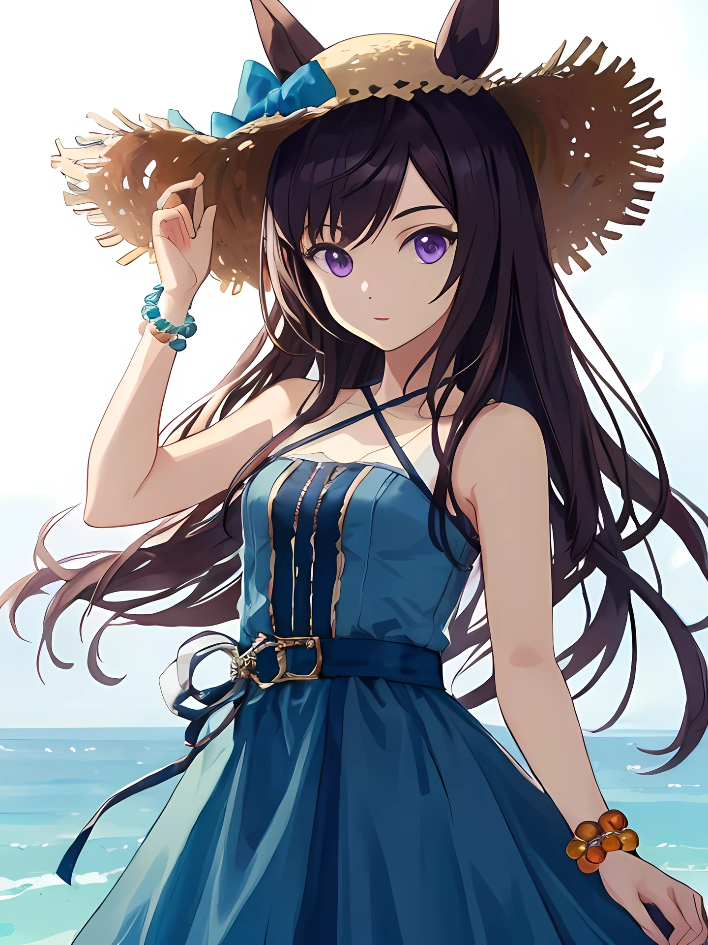 (mejiro dober\(umamusume\)), Official alternate costume, straw hat, ears through hat, cross halter, Sleeveless blue dress, beaded bracelet, vertical strip dress, white ribbon, ruffle dress,