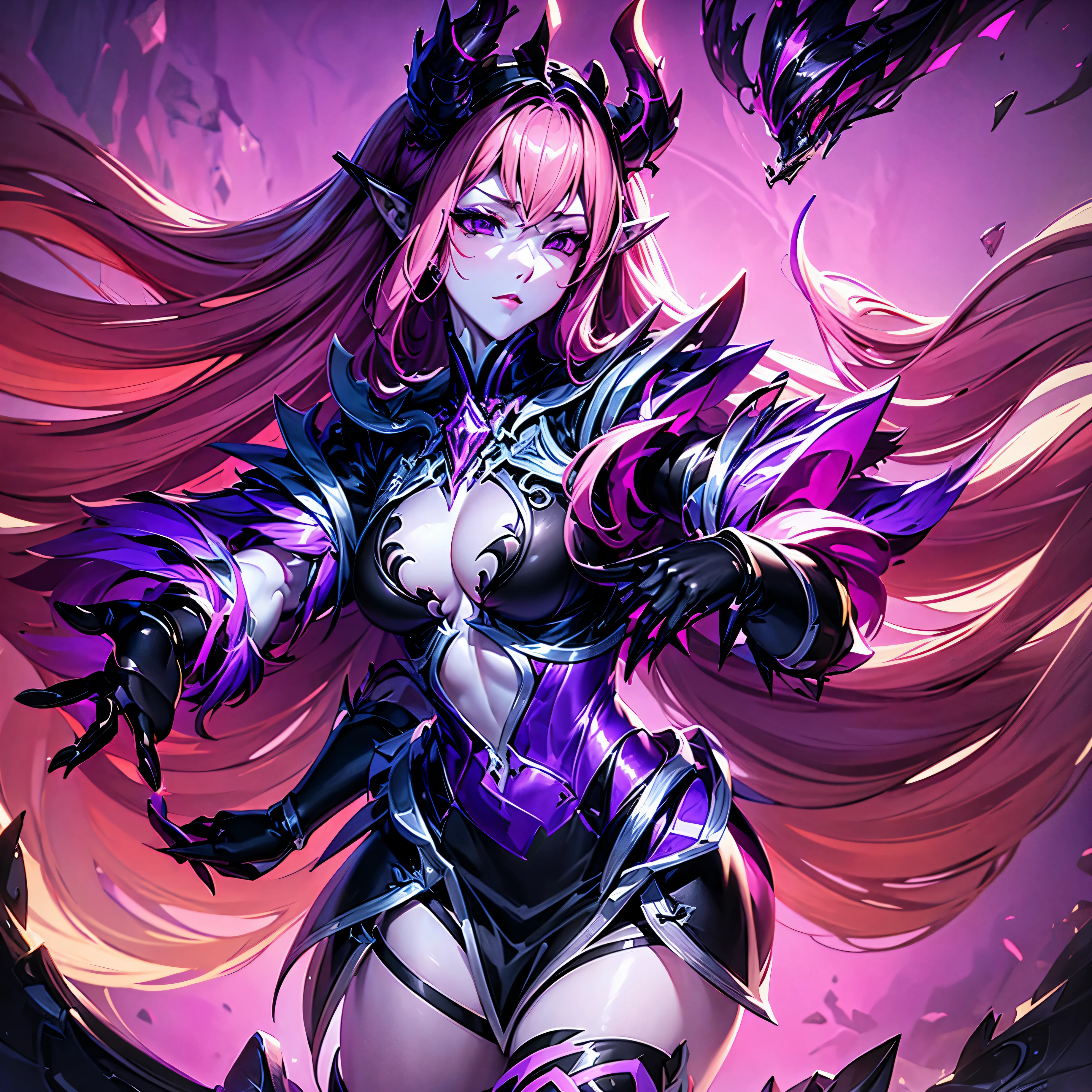 Describe the physical appearance of Selena, the character from Mobile Legends: Bang Bang, highlighting details such as her long purple hair, contrasting eyes emitting a dark aura, elegant black attire, and any distinctive features that contribute to her overall appearance