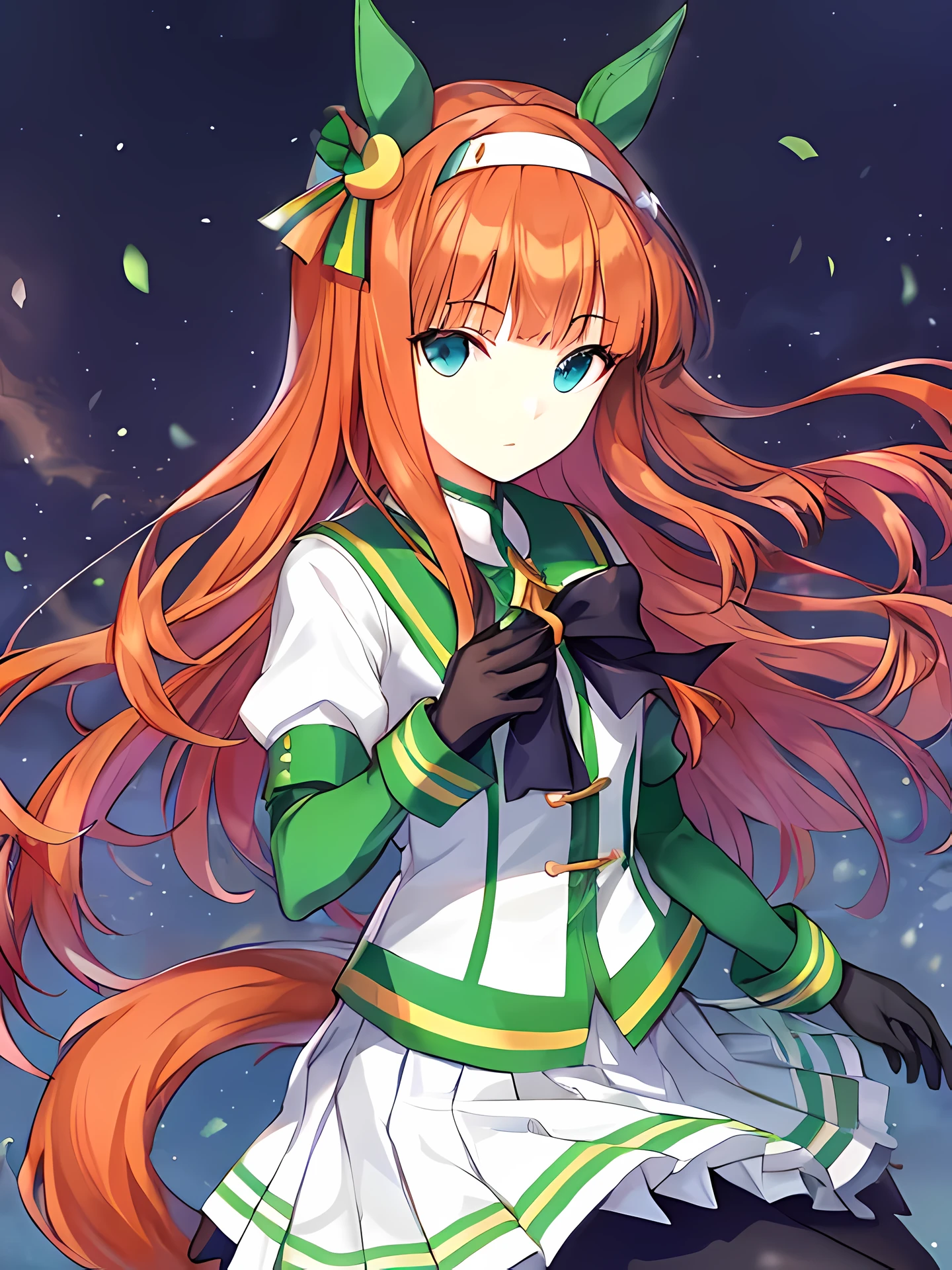 Silence Suzuka\(umamusume\),
ear covers, hair ornaments, white hair band, black bowtie, black gloves, Layered sleeves, short over long sleeves, Puffy short sleeves, green sailor collar, white jacket, white skirt, pleated skirt, black pantyhose