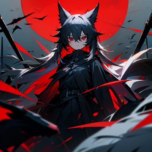 ((Wolf Girl)), ((Wolf)), Black Coat, ((Red Eyes)), ((Possessive)), ((Long Tail)), Angry, Scars, Night, Moon, HD, High Resolution, 4K