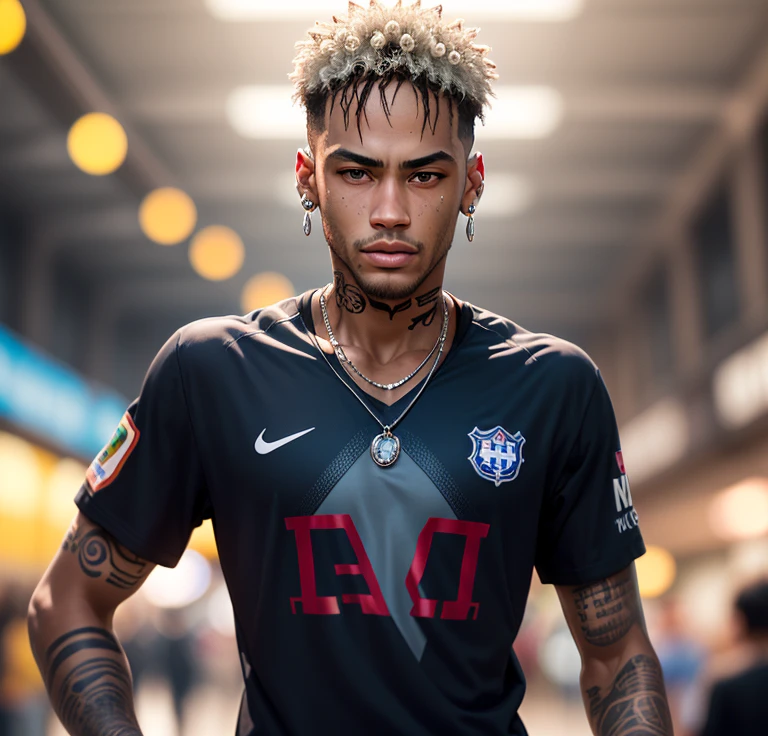 Neymar da Silva Santos Junior,several 925 silver chains around the neck,tattooed neck,camiseta preta,(estilo pixar) (obra de arte:1.2) (Bokeh) (melhor qualidade) (pele detalhada) (textura detalhada) (8k) (argila) (cinematic lighting) (sharp focus)