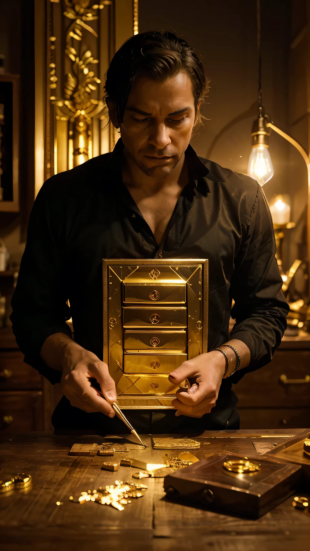 Generate a compelling image of a man engaged in the secretive and illicit practice of gold counterfeiting. Envision the counterfeiter in a dimly lit workshop, surrounded by molten gold, molds, and specialized tools. Capture the intensity and focus in his expression as he meticulously crafts counterfeit gold items. Pay attention to details like the shimmering gold, intricate workmanship, and the overall clandestine atmosphere. Experiment with lighting to enhance the drama of the scene, highlighting both the counterfeiter's craftsmanship and the deceptive nature of his activities. Craft an image that conveys the artistry and risks associated with the life of a man involved in gold counterfeiting.