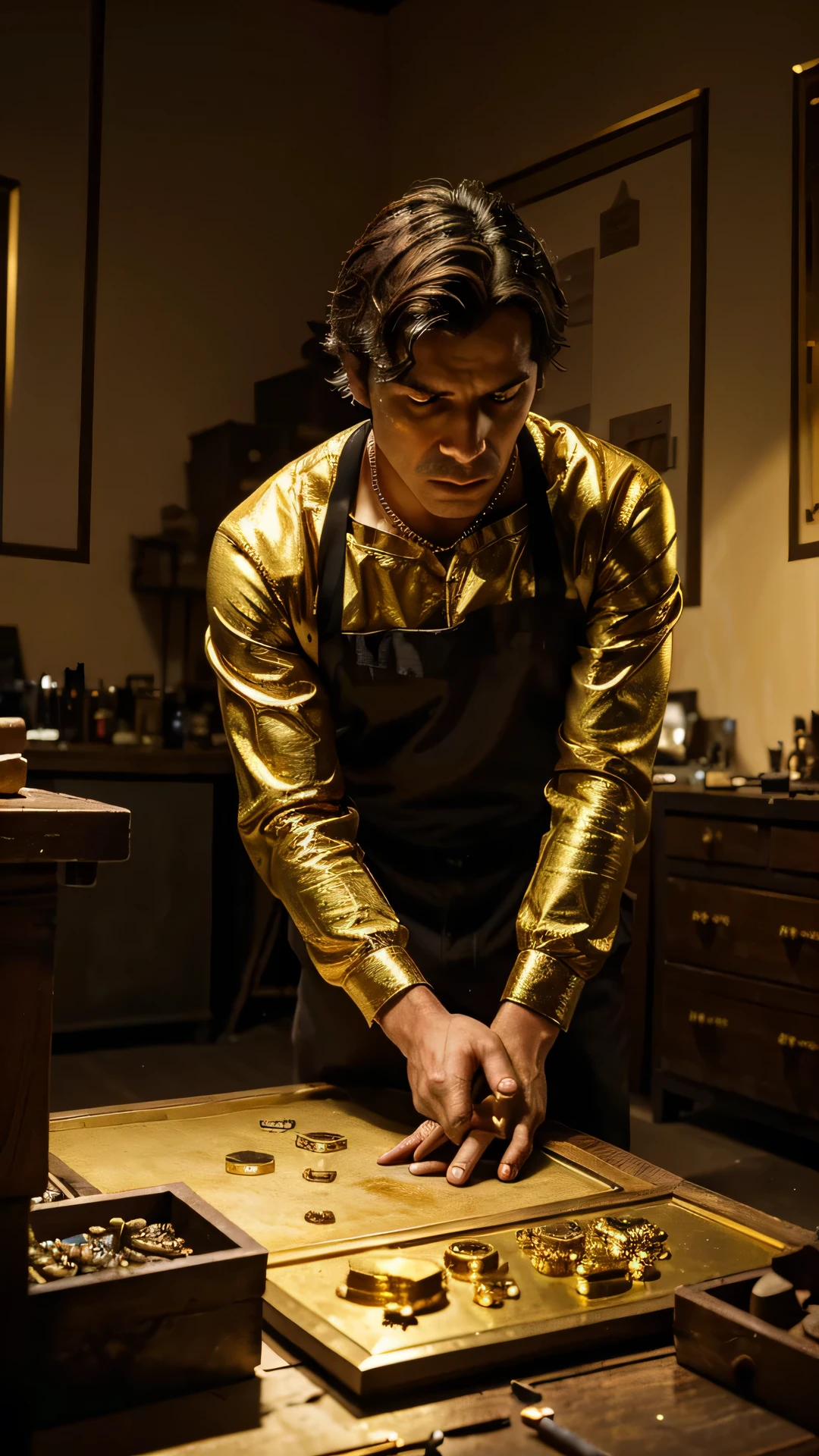 Generate a compelling image of a man engaged in the secretive and illicit practice of gold counterfeiting. Envision the counterfeiter in a dimly lit workshop, surrounded by molten gold, molds, and specialized tools. Capture the intensity and focus in his expression as he meticulously crafts counterfeit gold items. Pay attention to details like the shimmering gold, intricate workmanship, and the overall clandestine atmosphere. Experiment with lighting to enhance the drama of the scene, highlighting both the counterfeiter's craftsmanship and the deceptive nature of his activities. Craft an image that conveys the artistry and risks associated with the life of a man involved in gold counterfeiting.