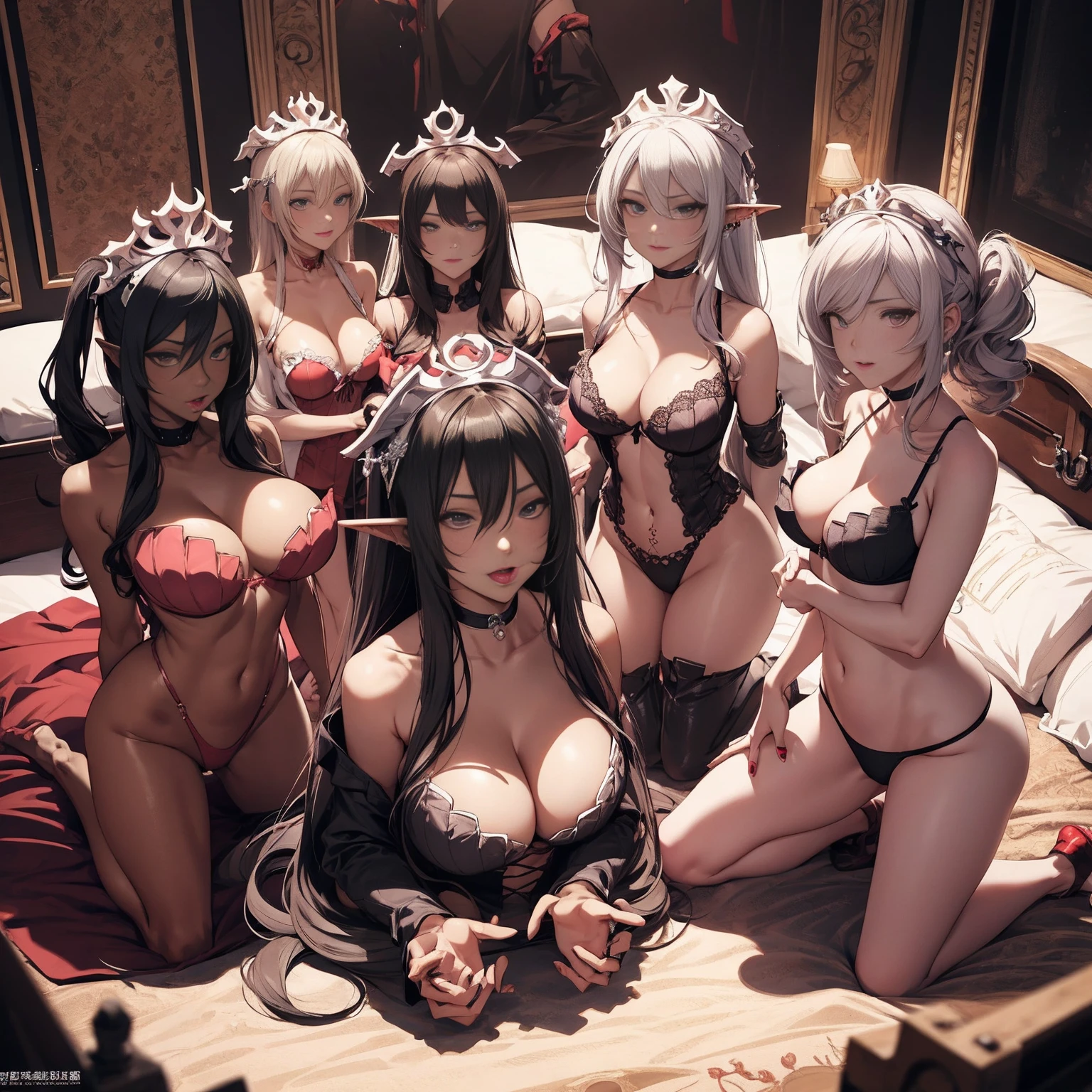 Breasts fit to the ground, Lie on the bed, lying on stomach, Two star motifs on the chest, queen, bikini swimsuit, huge breasts, sagging breasts, realistic style, breasts looming, ancient Chinese transparent underwear, big breasts, straight breasts Close-up of four women kneeling on the bed posing for photos, surreal full body figure, beautiful and detailed body and face, gorgeous figure, ponytail, clear, smile, moan, tease, lace edge, ponytail, clear, laugh, excited, moaning, teasing, tongue sticking, flushed face, fair skin, bright colors, upturned ass, full body photo, thin figure, gorgeous headdress, Whole Body proportions and all limbs are anatomically accurate, solo, laughing, big mouth, red blindfolded with a red blindfolded, blinfolded eyes, full body, standing positon (shackles on legs and arms), long white hair, female restraint, chained, slender, long hair, red tattoo slave, muscular abs, medium size bra cover chest, cover chest, (no eyes), red tatto for slave under navel, navel, black choker, female elf, pointy ears