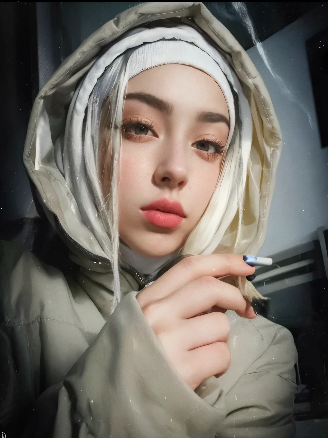 hay una mujer con capucha sosteniendo un cigarro , billie eilish , charli xcx, billie eilish, inspirado en Elsa Bleda, arte digital. @Mariomaniac, ava max, inspirado por Louis Le Nain, bella poarch, mujer en ropa de calle, charli bowater