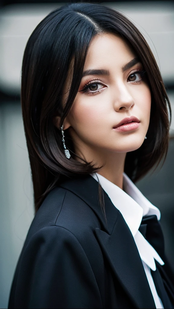 mujer con cabello negro, ojos marrones, traje suit, mafia girl, baddie aesthetic 