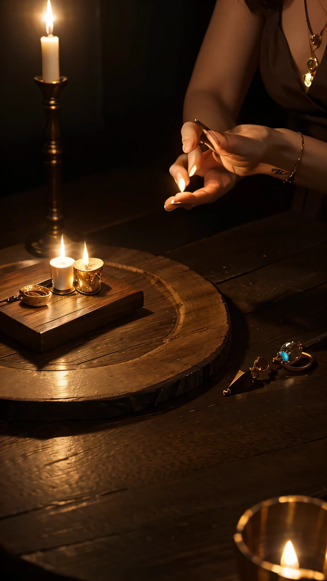 Generate a captivating image of exquisite jewelry arranged on a wooden table illuminated by the soft glow of candlelight during the nighttime. Envision an array of precious gemstones, rings, necklaces, and earrings meticulously placed on the table, capturing the play of light on the intricate details. Pay attention to the reflections and shadows cast by the candlelight, enhancing the overall ambiance of sophistication and warmth. Incorporate subtle textures in the wooden table to add depth to the composition. Craft an image that evokes a sense of elegance, mystery, and intimacy as the candlelight highlights the beauty of the jewelry in this nocturnal setting.