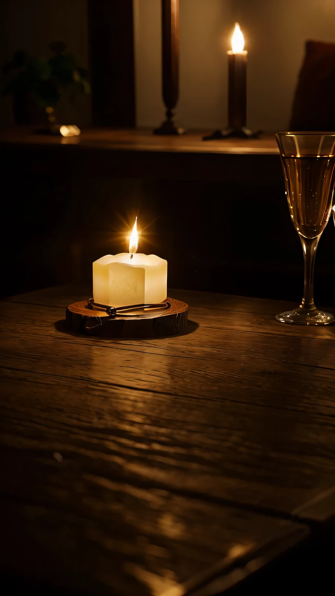 Generate a captivating image of exquisite jewelry arranged on a wooden table illuminated by the soft glow of candlelight during the nighttime. Envision an array of precious gemstones, rings, necklaces, and earrings meticulously placed on the table, capturing the play of light on the intricate details. Pay attention to the reflections and shadows cast by the candlelight, enhancing the overall ambiance of sophistication and warmth. Incorporate subtle textures in the wooden table to add depth to the composition. Craft an image that evokes a sense of elegance, mystery, and intimacy as the candlelight highlights the beauty of the jewelry in this nocturnal setting.