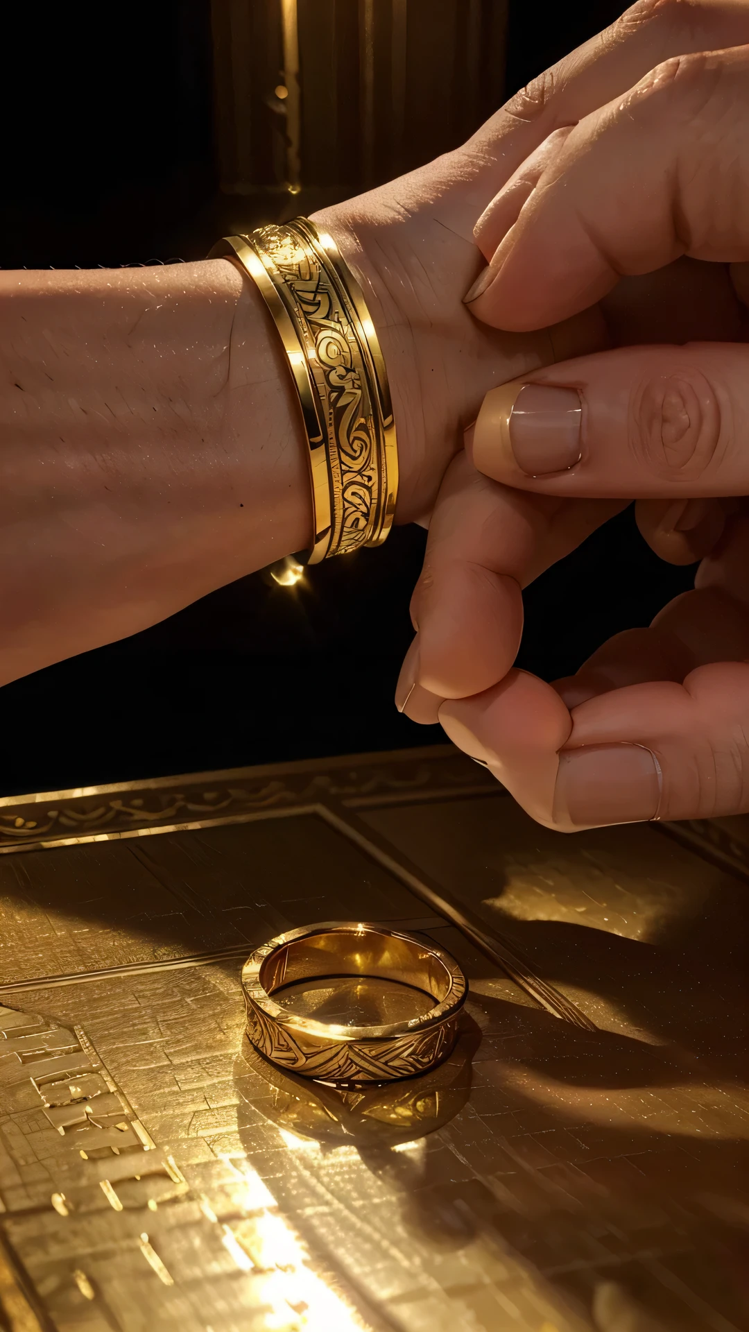 Generate an elegant image of a golden ring showcasing a heartfelt dedication. Envision the inscription as a beautifully crafted text, etched or engraved onto the surface of the gold. Consider a classic font style that complements the sophistication of the ring. Place the ring on a luxurious surface, perhaps a velvet or satin background, to enhance the overall opulence. Experiment with lighting to highlight the shine and details of the golden metal. Craft an image that conveys the timeless sentiment of a dedication in a golden ring, creating a visually pleasing and emotionally resonant composition.