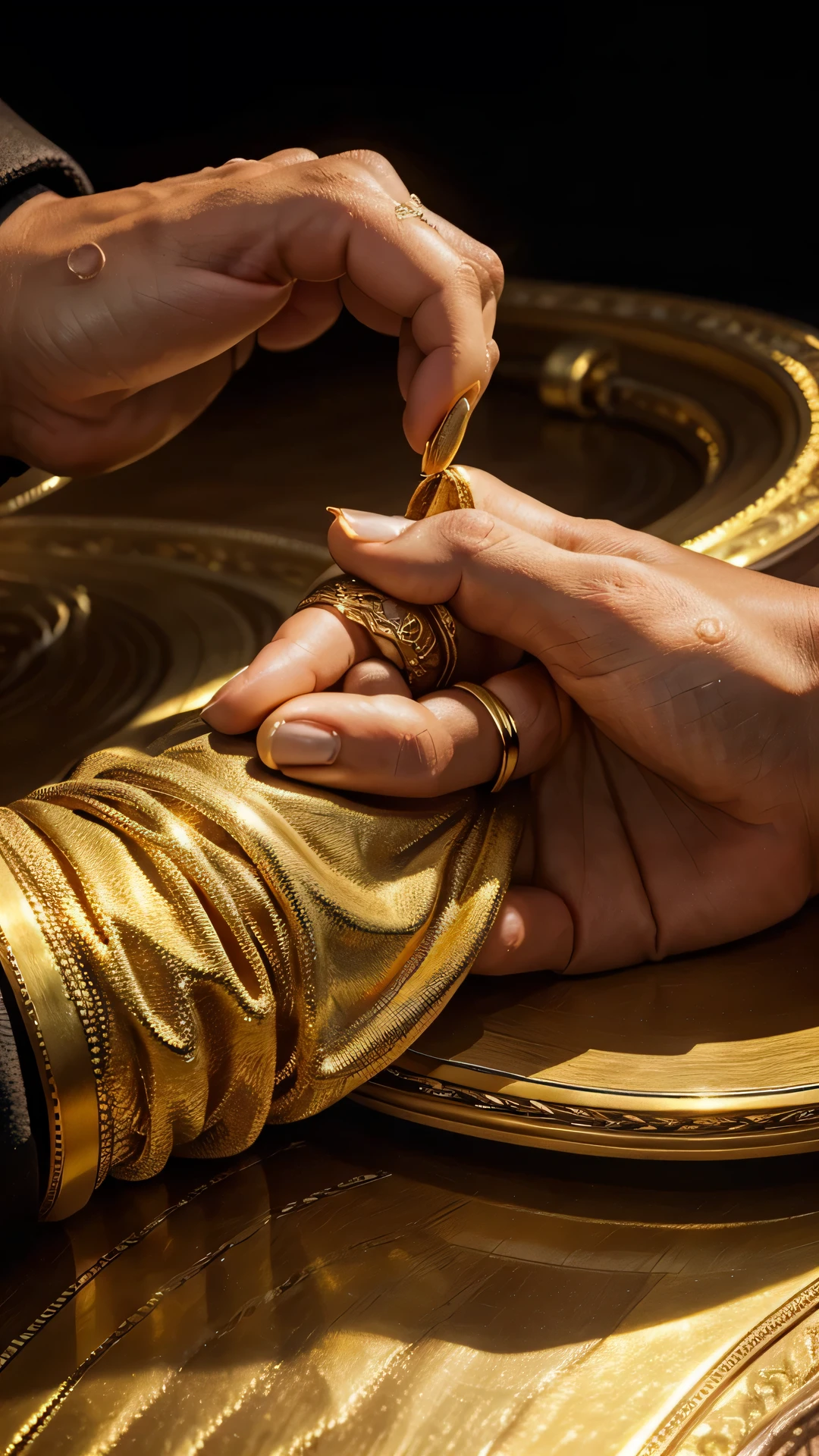 Generate an elegant image of a golden ring showcasing a heartfelt dedication. Envision the inscription as a beautifully crafted text, etched or engraved onto the surface of the gold. Consider a classic font style that complements the sophistication of the ring. Place the ring on a luxurious surface, perhaps a velvet or satin background, to enhance the overall opulence. Experiment with lighting to highlight the shine and details of the golden metal. Craft an image that conveys the timeless sentiment of a dedication in a golden ring, creating a visually pleasing and emotionally resonant composition.
