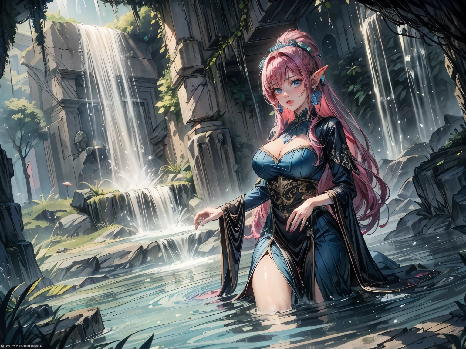 Masterpiece:1.4, giantess:1.2, mature:1.4, goddess, huge breasts, gorgeous elegant navy blue gown, stunning details, on her knees, kneeling in water, (large elaborate fountain,cave, underground:1.4, great fairy fountain, stunning masonry, beautiful chiseled stone, legend of Zelda inspired, overflowing water) , (blue glow, blue and pink hair, thick lips, blue and pink makeup)