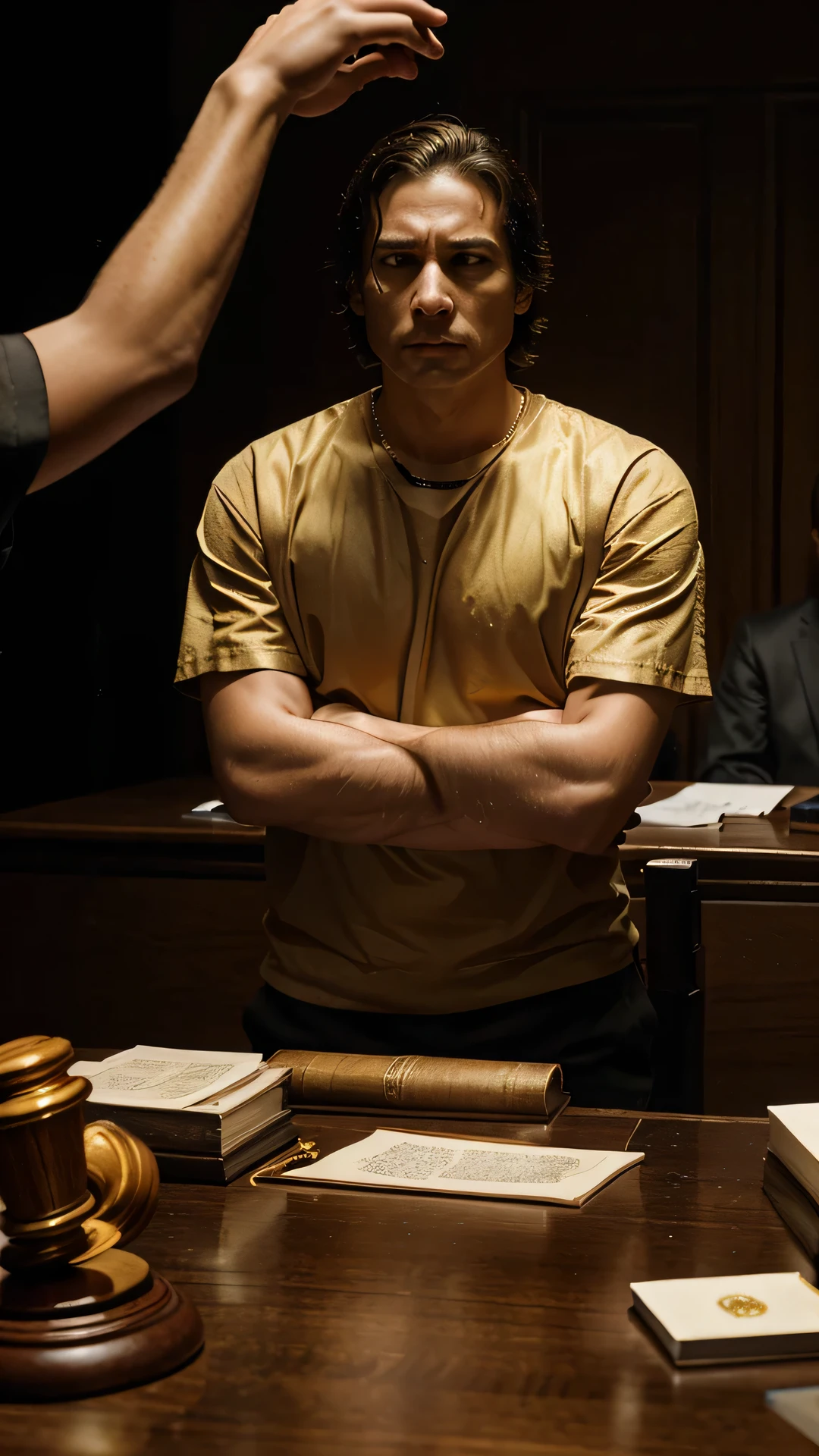 Generate a dramatic courtroom scene featuring a man accused of gold counterfeiting. Envision the counterfeiter standing or sitting in the defendant's position, surrounded by a legal setting. Capture the tension in the courtroom with lawyers, a judge, and perhaps a jury present. Depict the accused man in a somber yet defiant demeanor, dressed in appropriate legal attire. Include details that signify the counterfeiting operation, such as confiscated tools or samples of counterfeit gold. Experiment with lighting to create a courtroom ambiance, and emphasize the legal gravity of the situation. Craft an image that encapsulates the legal proceedings and consequences faced by a man accused of gold counterfeiting.