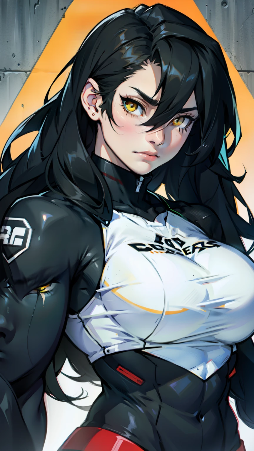 sad pale muscular girl massive breasts hair black hair yellow eyes extremely long hair sad neon colors waistup
