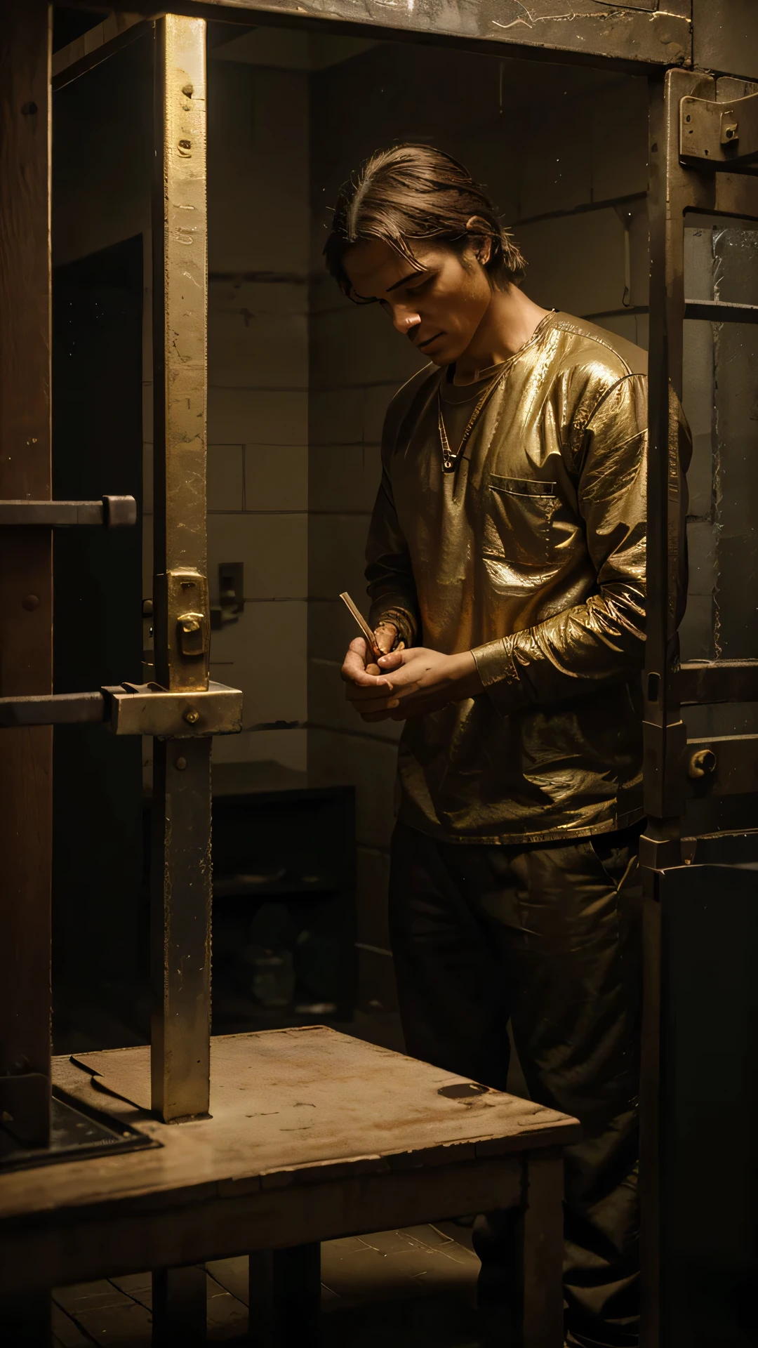 Generate a poignant image depicting a man, convicted of gold counterfeiting, within the confines of a prison cell. Envision the counterfeiter in prison attire, seated or standing in the stark environment of the cell. Capture the desolate atmosphere with subdued lighting, emphasizing the solitude and consequences of his actions. Include details that symbolize the repercussions of his illegal activities, such as confiscated counterfeit materials or subtle references to his past endeavors. Convey a mix of remorse, contemplation, and acceptance in the counterfeiter's expression. Craft an image that authentically portrays the hardships and reflection faced by a man involved in gold counterfeiting while serving time in prison.