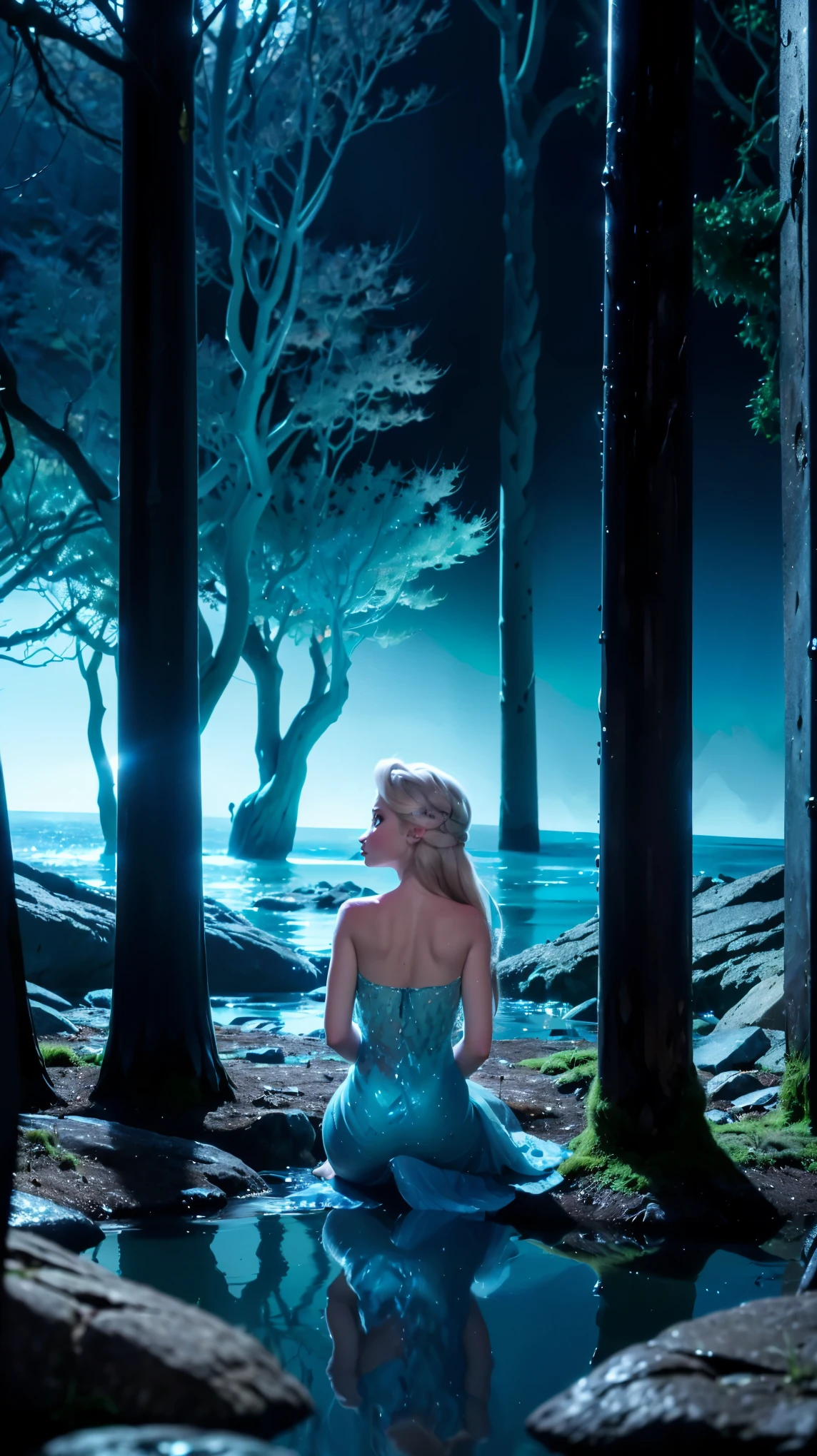 (best quality, highres, ultra-detailed, realistic:1.37, NSFW:1.4), Elsa of Arendelle, ((((torn blue dress)))), (sweating, glistening), close-up, (beautiful detailed eyes and lips), (long eyelashes), (((armpits shown))), (((sitting in a rock, spreading legs))), scary flooded cavern, (dark and eerie atmosphere), (water reflections), (dripping water droplets), (rippling water), (moss-covered rock formations), (dimly lit), (mysterious shadows), (subtle underwater glow), (thick vegetation), (mystical aura), (submerged treasures), (echoing sounds), (ominous silence).