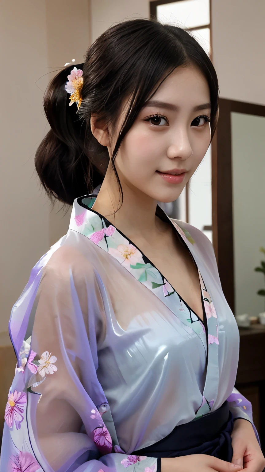 NSFW、最high quality、high quality、best image quality、8K、最High resolution、High resolution、最high quality、masterpiece、realistic pictures、RAW photo、realistic atmosphere、(detailed face)、(fine hands、thumb1reference4)、(beauty of japan )、very nice face、cute face、((beautiful japanese girl))、(woman), ((18 year old beautiful girl))、(glossy black hair)、(straight long hair)、(ponytail)、whole body、slim style、(shiny skin)、(Fair skin, Glossy skin)、real human skin、realistic human body structure、perfect body, perfect face, perfect hands, perfect fingers, perfect lips, perfect eyes,perfect teeth、perfect background, perfect atmosphere, soft natural light、samurai kimono、maiko kimono、servant、geisha kimono、japanese kimono、Furisode、kimono、Yukata、japanese traditional、((There is a very large mirror in the room.))、((The girl in front of the mirror and the girl on the other side of the mirror are identical twins....))、((There is an invisible wall between the twin girls.))、((Twin girls facing each other through the mirror.))、((twin girls look the same(The same face、Same hairstyle、Same body type、Dress the same、Same pose))、((Twin girls are playing and imitating each other(Two sides of the same coin))、((colorful transparent see-through(flowery kimono、Hakama with side slits))、Angle from diagonally behind