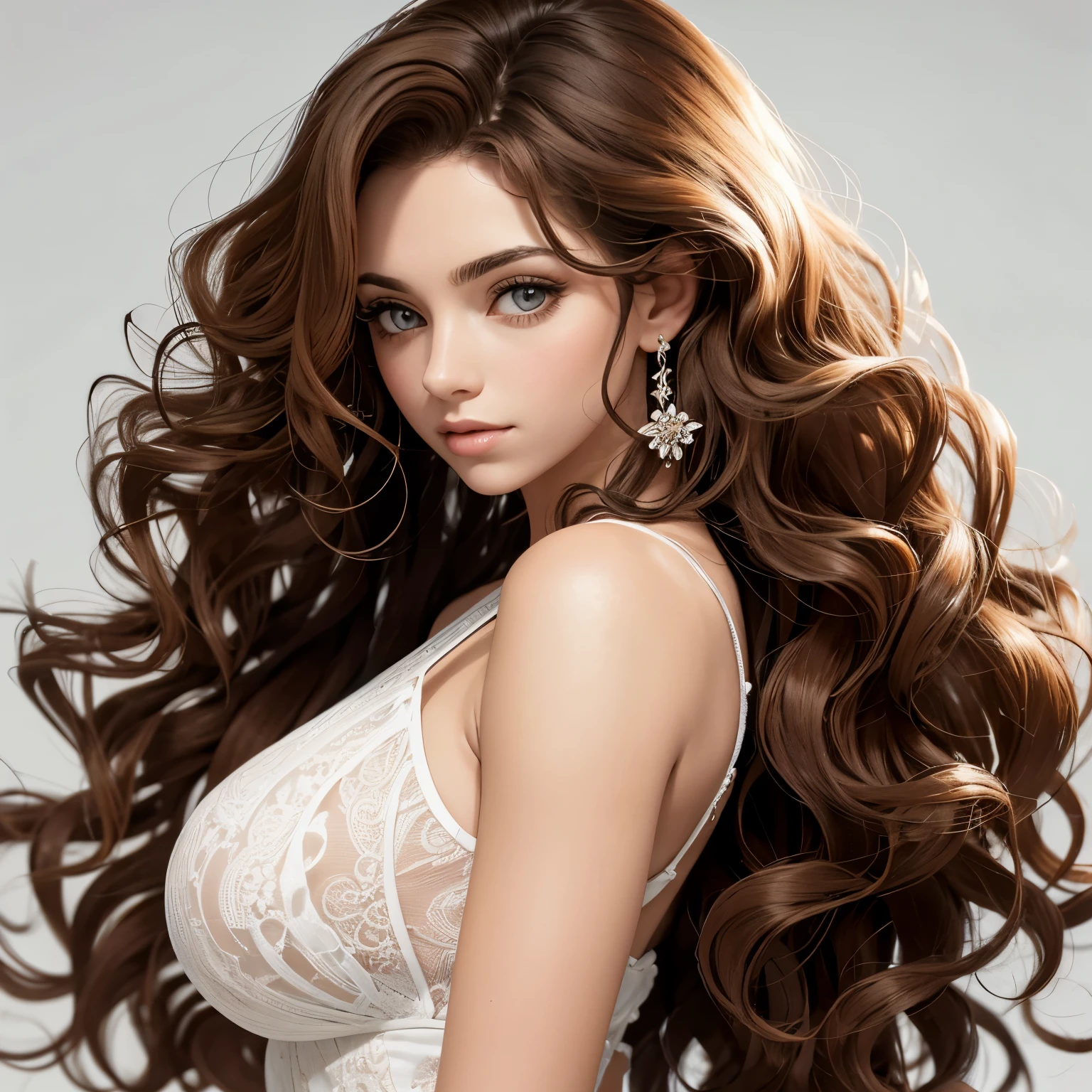 Woman's head long curly brown hair, partido na lateral, 29 anos. Empty white lighting background.
