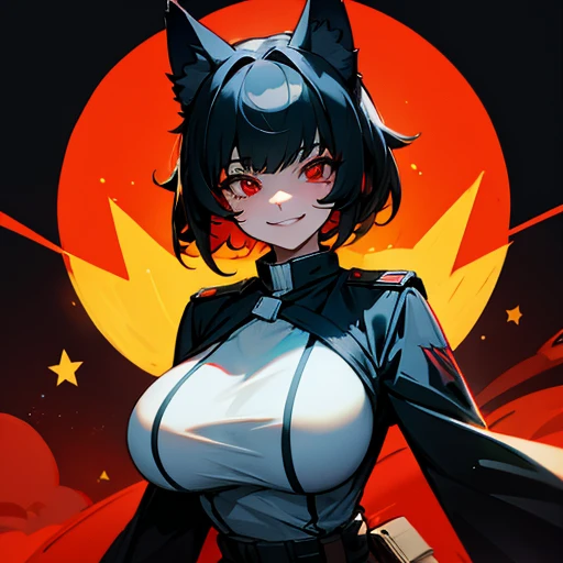 1girl, black hair, wolf ears, uniform, red eyes, large breast, evil smile, star wars