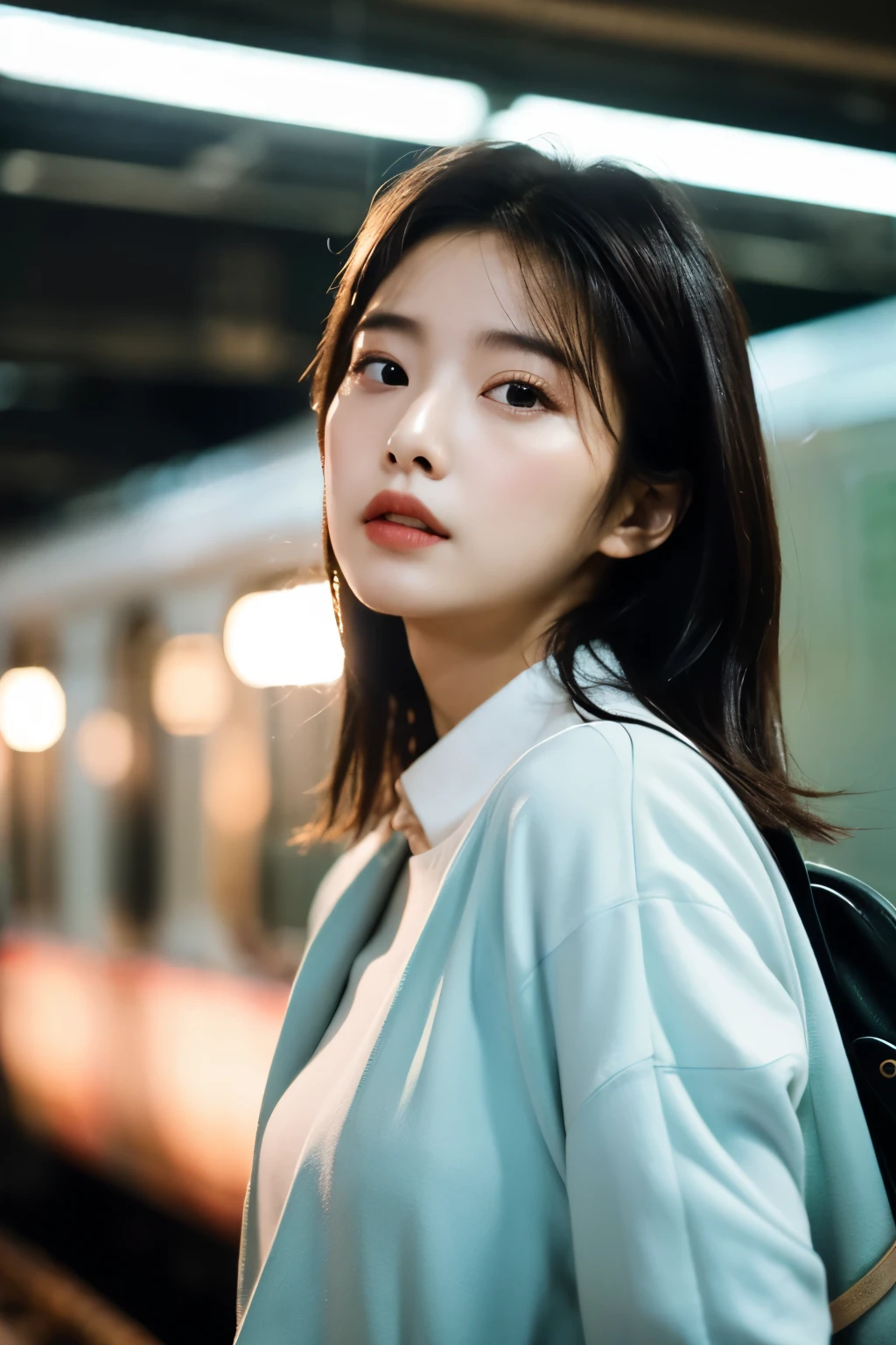 Cinematic Photo of a beautiful korean fashion model bokeh train