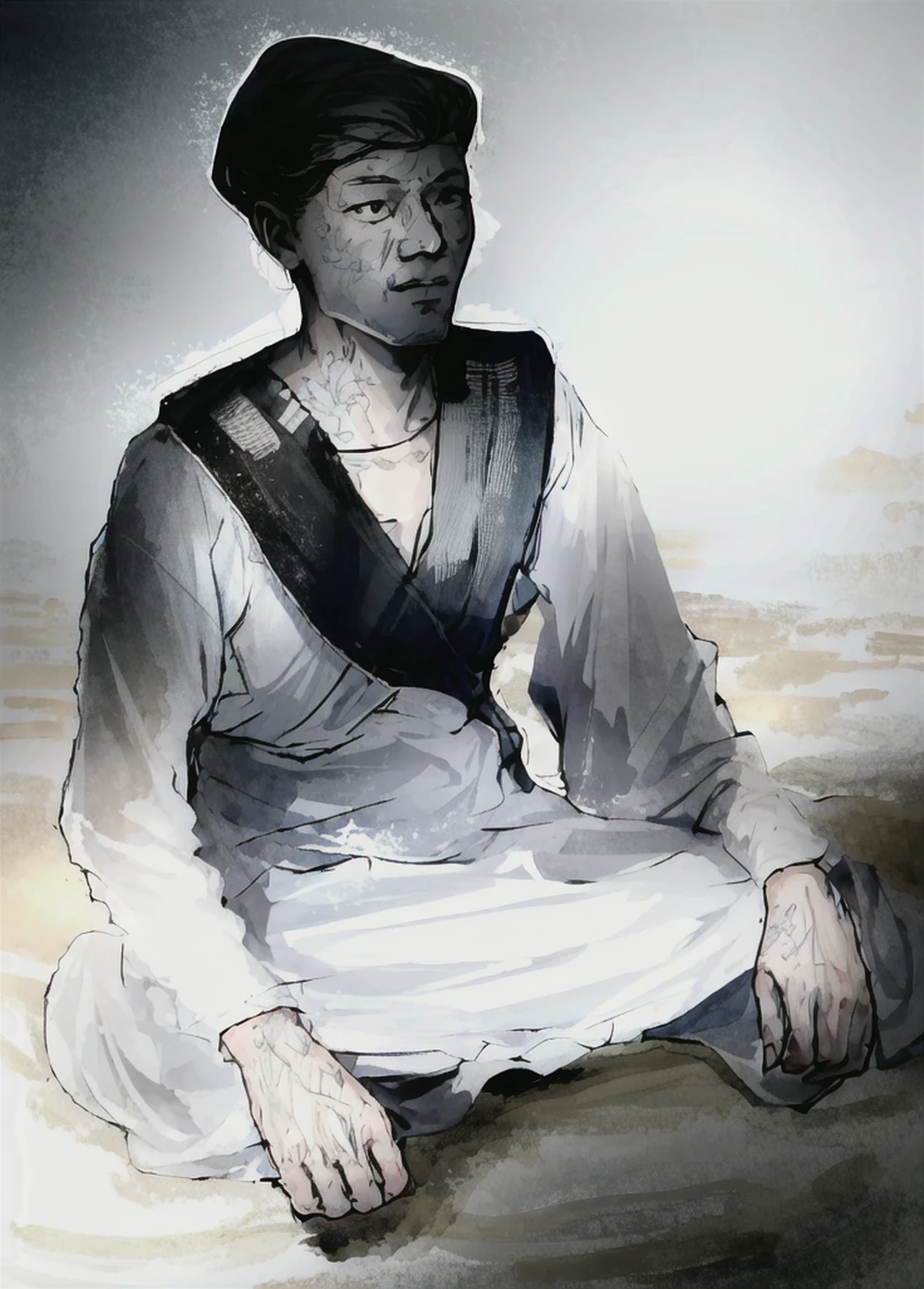 there is a man sitting on the ground wearing a white outfit, dressed thobe, monk clothes, traditional clothes, monk meditate, traditional clothing, full body picture of a male monk, wearing traditional garb, padmasana, sukhasana, white daoist robes, meditating pose, sitting pose, sufism, sukhothai costume