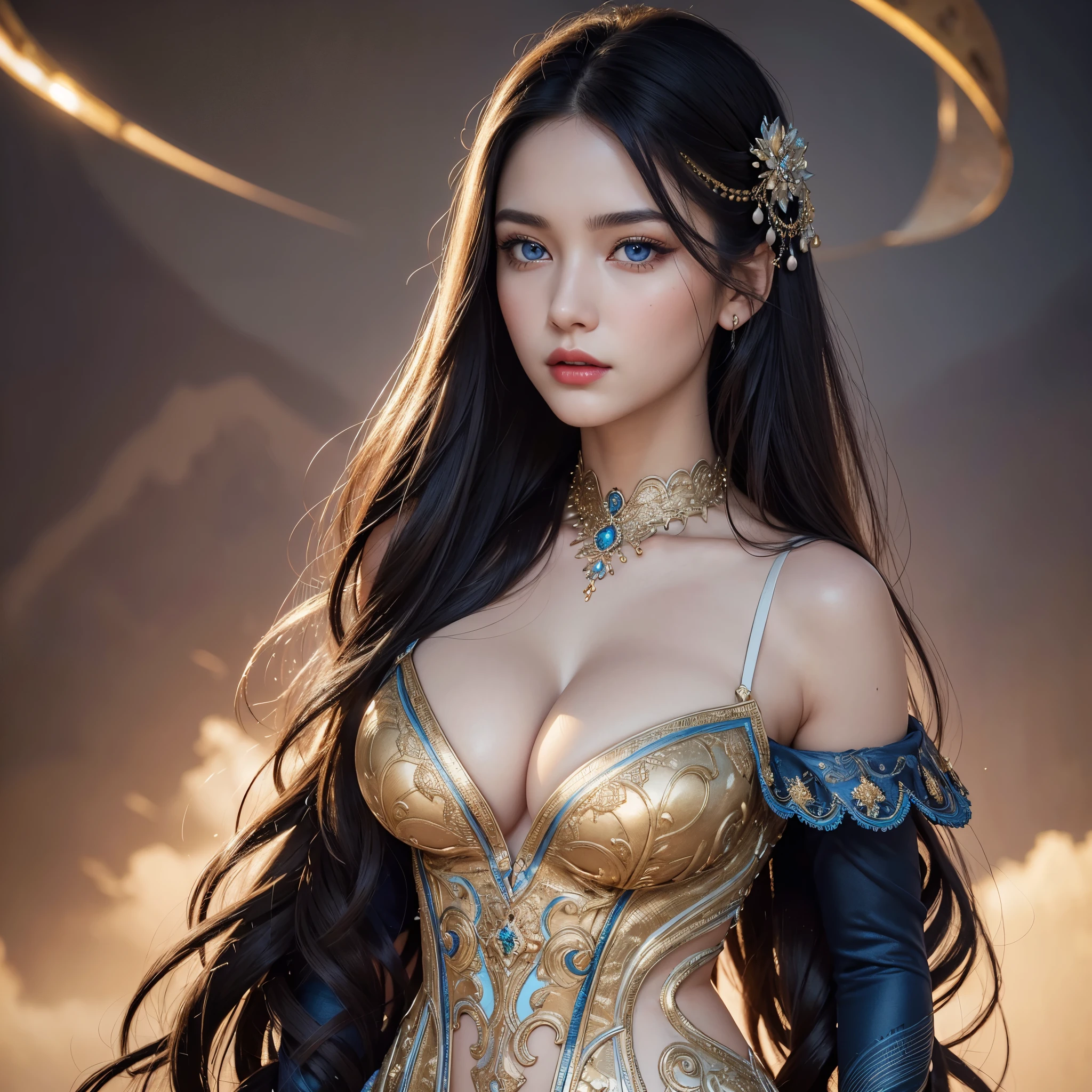 (best quality,4k,8k,highres,masterpiece:1.2), ultra-detailed, (realistic,photorealistic,photo-realistic:1.37), portraits, medium:realistic,charming,goddess-like,beautiful detailed eyes,beautiful detailed lips,extremely detailed eyes and face,long eyelashes,20 year old woman with Caucasian descent,strong facial features,striking blue eyes with intense gaze,targeted lighting,highlights and shadows emphasizing features,sharp focus on facial details,long flowing black hair cascading down her back with natural shine,sleek and glossy hair texture,button nose perfectly proportioned to her face,gorgeous full red lips with a hint of gloss and definition,goddess-like dress made of flowing materials with intricate patterns and vibrant colors,fitted bodice emphasizing her curves and showcasing a large cleavage,huge breasts proportionate to her body,long legs with an elegant and graceful stance,subtle golden light illuminating her from one side,creating a magical and ethereal ambiance, float among the clouds