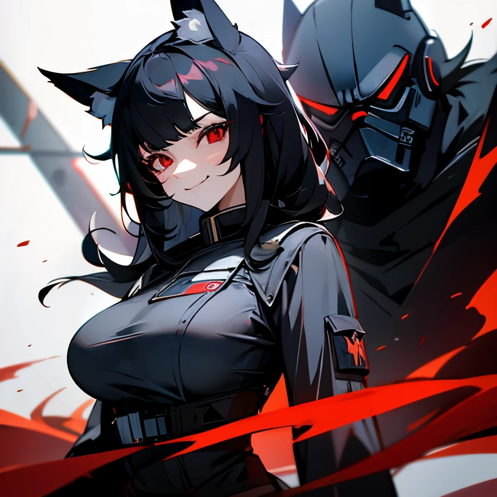 1girl, black hair, wolf ears, uniform, red eyes, large breast, evil smile, star wars