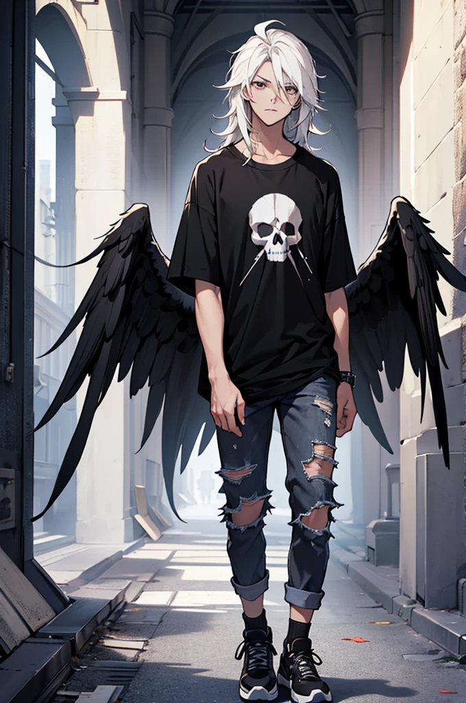 (Best quality)), ((masterpiece)), top quality), standing alone, white fluffy hair, shoulder length hair, long black wings, black T shirt, shirt that has a skull on it, black ripped jeans, black shoes, male