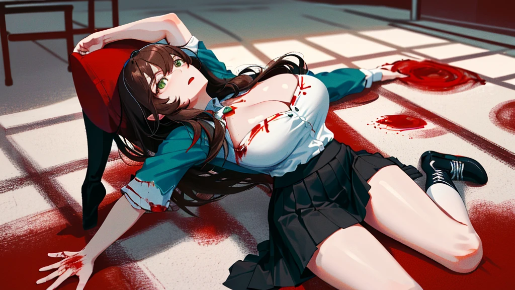 (lie on the ground on your back:1.2), Lisa, genshin impact, 1 girl, alone, ((white )), black high socks, big breasts, cleavage, uniform, ((Killed)), ((From above)), (cinematic lighting), (Place your arms on the ground), ((Sea of Blood)), ((Bloody ground)), dutch angle, ((Bloody Body)), ((blood on their clothes)), ((rape face)), (((horror))), ((open your eyes)), office background, ((Stretch your legs)), black skirt, pleated skirt, office, hair between eyes, messy hair, big breasts, long hair, brown hair, red short nails, green eyes, alone, high socks, ((long and thin legs)), very long hair, ((masterpiece)), classroom, board, class board, Beautiful woman, ((highest quality)), (((High resolution))), ((very delicate and beautiful))