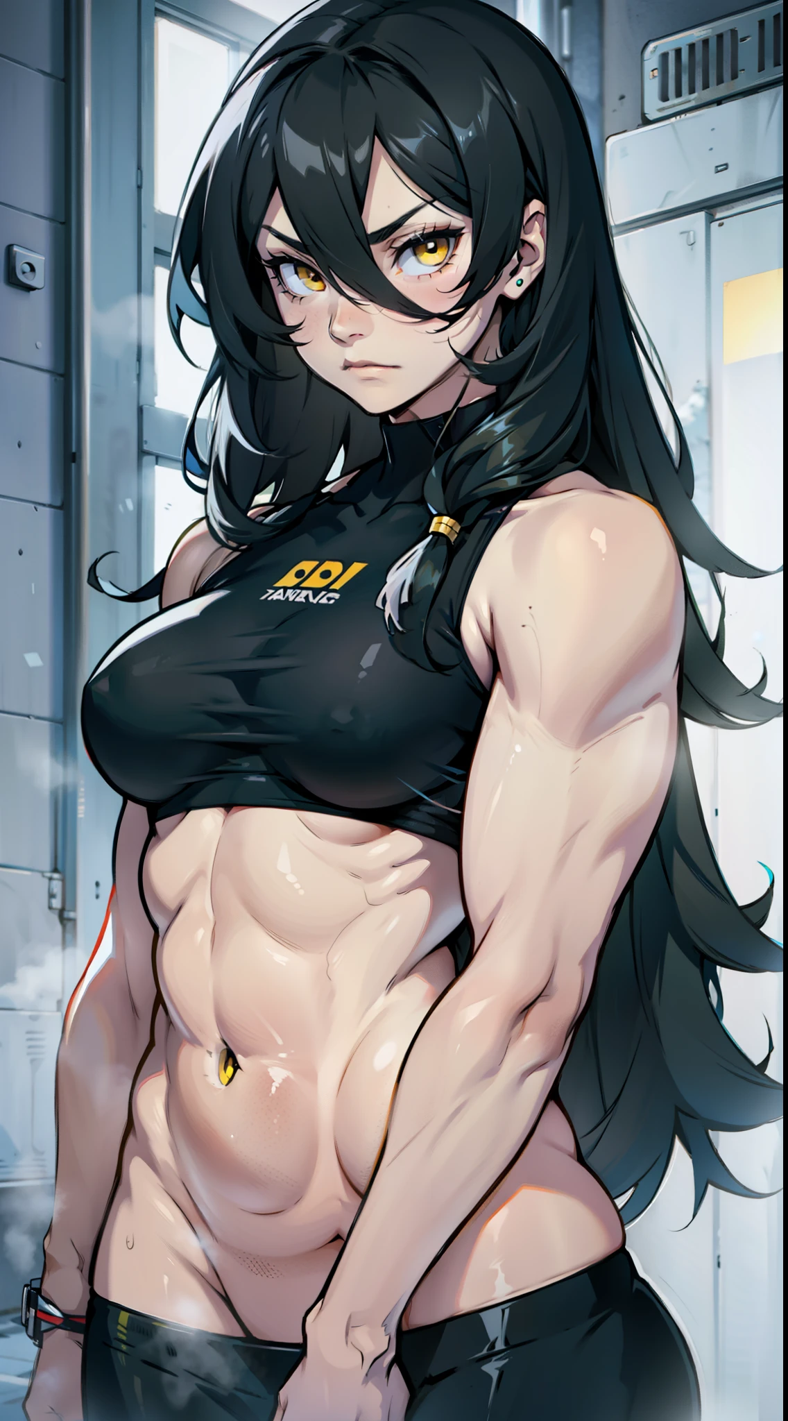 sad pale muscular girl large breasts hair between eyes long hair black hair yellow eyes