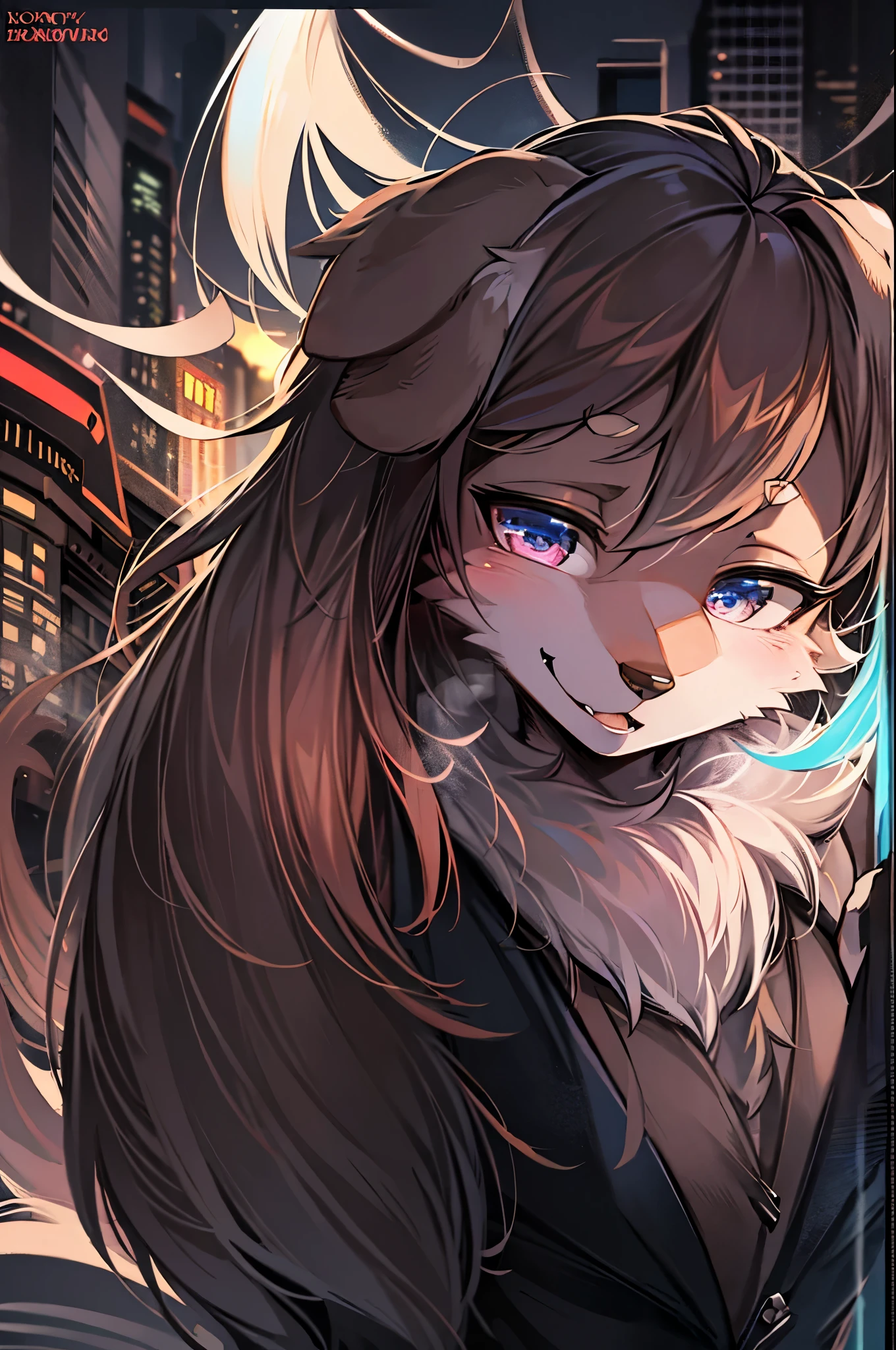 cover page, highres, top quality, best quality, paid reward available, unparalleled masterpiece, perfect artwork, absurdres, High-quality illustrations, super high resolution, detailed background, Crowded cityscape, Crowd, perfect anatomy(6+girls, 6+boys)(kemono)(furry)(Furry body, dog facial features, dog body features)(very detailed body fur)low angle full shot, shot from behind,