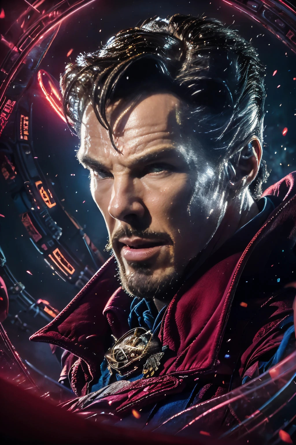 Marvel version of Doctor Strange portrait,(Benedict Cumberbatch:1.8)full-body portraits,Fighting posture, com rosto detalhado,Slightly vicissitudes, Award-winning photo、Bokeh、, surrealism, Cinematic lighting, shadowing, High details, High quality, Award-Awarded,