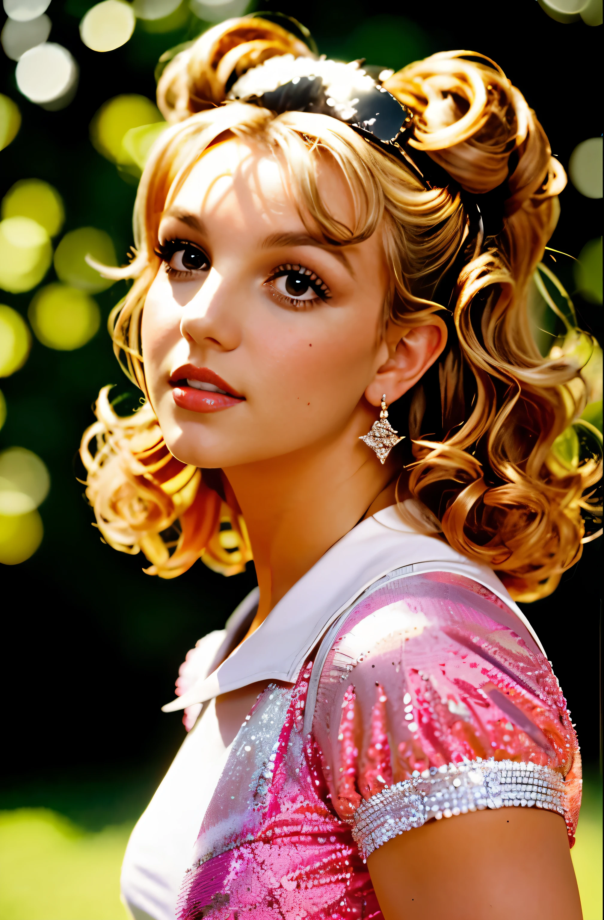 Britney Spears wore a dress inspired by the 50s, completo con una falda completa y enagua, her hair styled in classic pin curls. I should be sitting in an old-fashioned restaurant, surrounded by vintage details like a jukebox, Chrome accents and neon signs. Your eyes must shine with excitement.., su piel impecable y brillante bajo la suavidad, dramatic lighting. Esta escena debe ser capturada en movie de 35 mm, con una hermosa profundidad de campo y un poco borroso, Nostalgic background,
movie, Cadillac rosa en el fondo