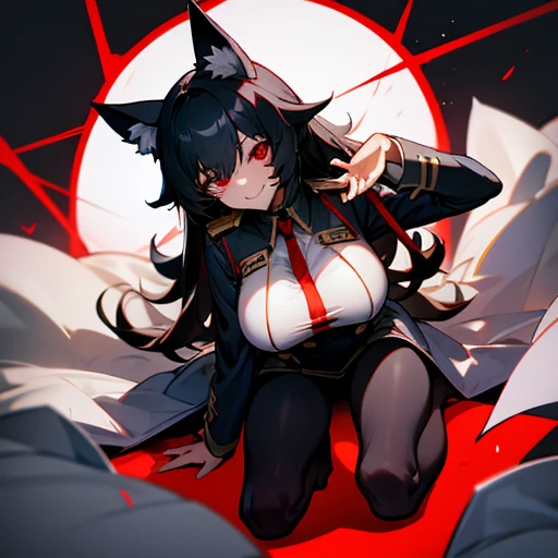 Wolf ears, large breast, pantyhose, barefoot, uniform, red eyes, black hair, evil smile