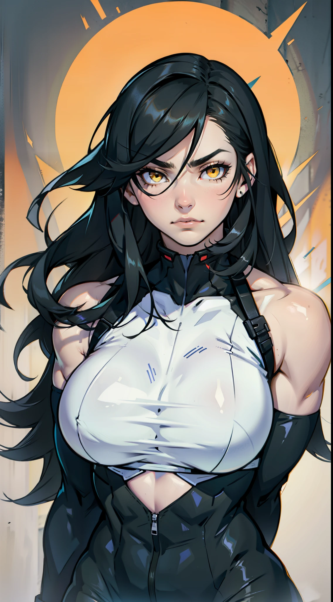 sad pale muscular girl large breasts hair between eyes long hair black hair yellow eyes