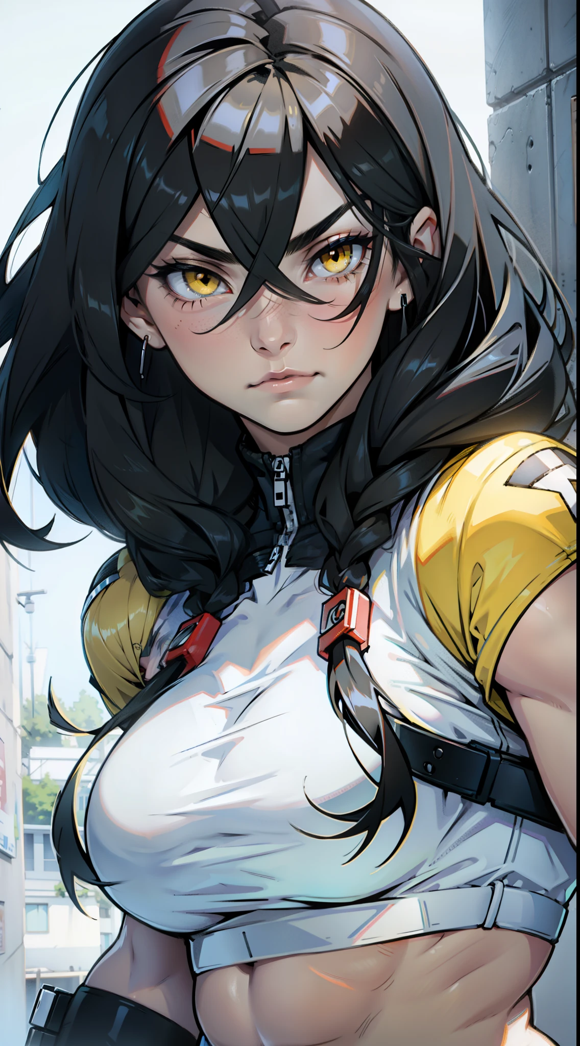 sad pale muscular girl large breasts hair between eyes long hair black hair yellow eyes