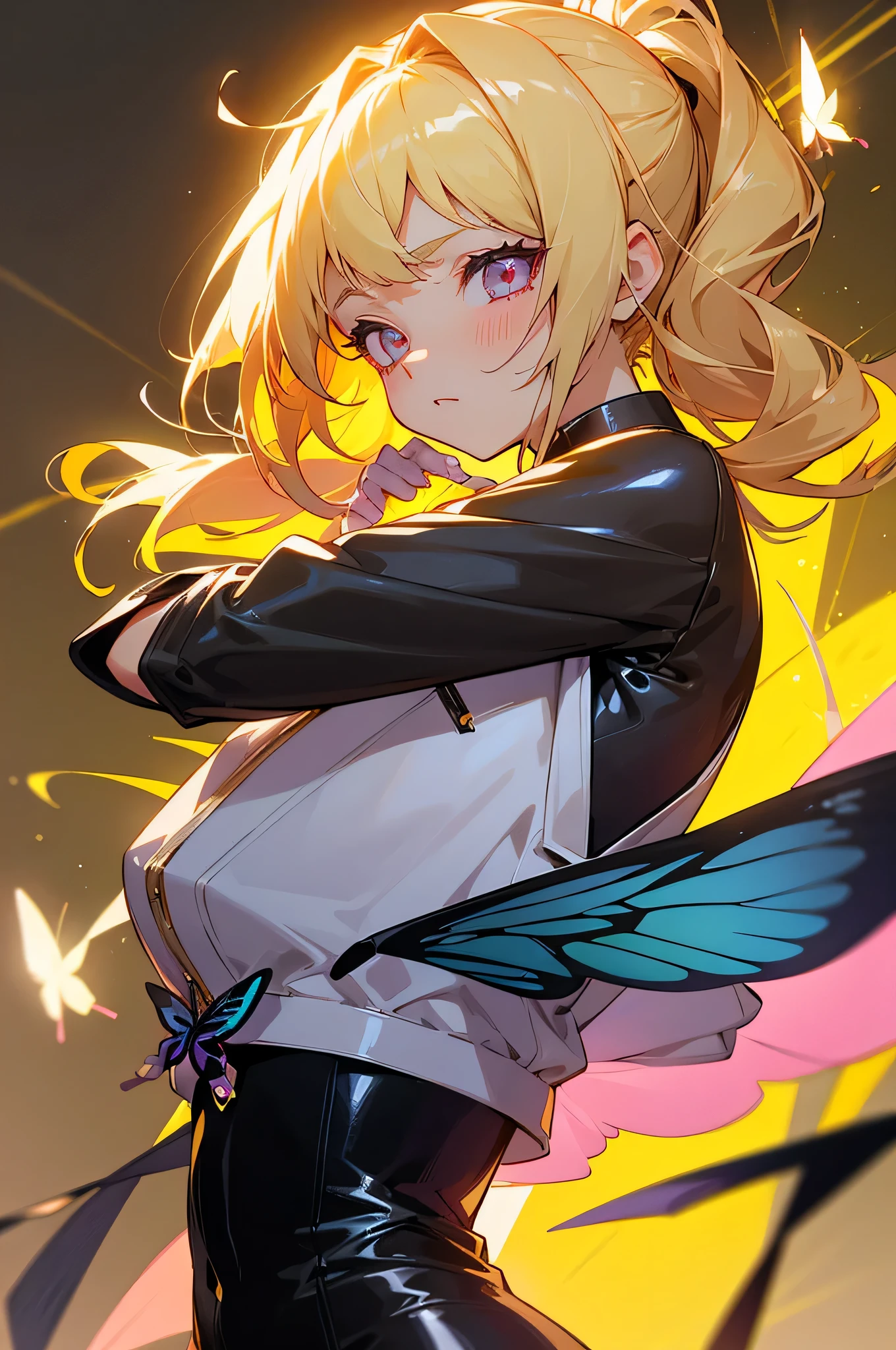 anime illustration、girl、Neon feeling、neon laser、Hair color is gold、Too much exposed waist、Older sister-like short jacket、Make sure the whole body is visible、Butterfly wings on the back、upper grade、A little troubled face、long hairstyles、Bangs Patsun、elation、black leather gloves、information