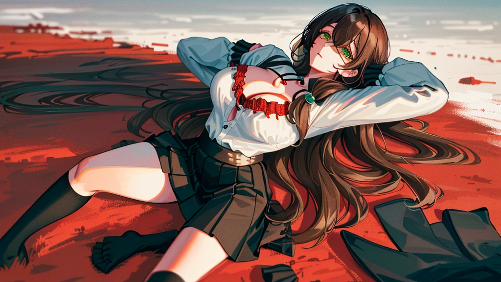 (lie on the ground on your back:1.2), Lisa, genshin impact, 1 girl, alone, ((white )), black high socks, big breasts, cleavage, uniform, ((Killed)), ((whole body)), (cinematic lighting), (Place your arms on the ground), ((Sea of Blood)), ((Bloody ground)), dutch angle, ((Bloody Body)), ((blood on their clothes)), ((rape face)), (((horror))), ((Open your eyes wide)), office background, ((Stretch your legs)), black skirt, pleated skirt, office, hair between eyes, messy hair, big breasts, long hair, brown hair, red short nails, green eyes, alone, high socks, ((long and thin legs)), very long hair, ((masterpiece)), classroom, board, class board, Beautiful woman, ((highest quality)), (((High resolution))), ((very delicate and beautiful))