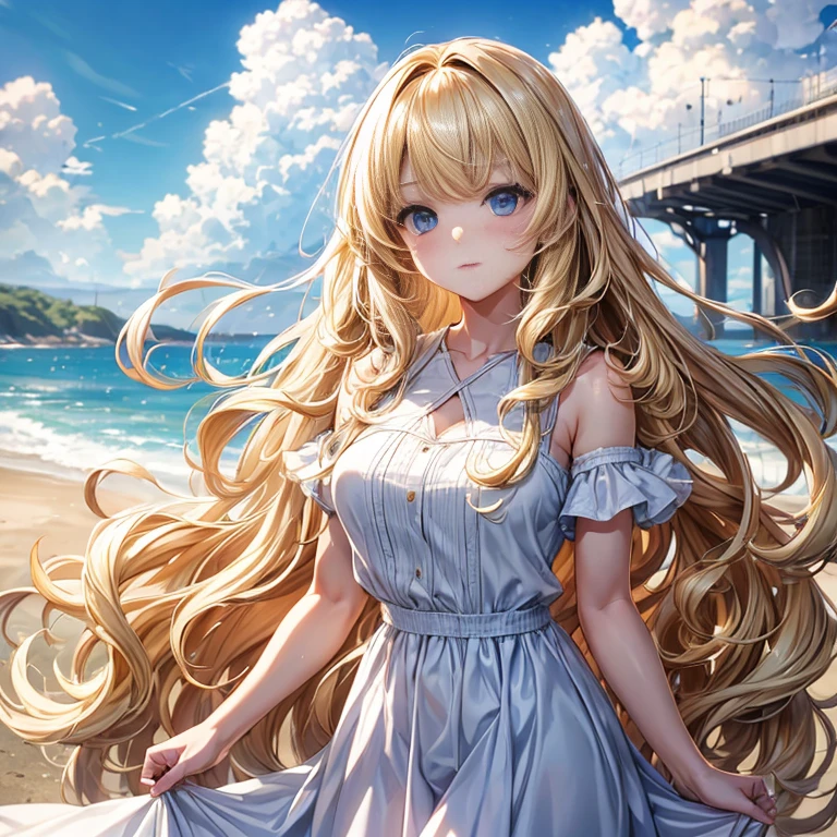 High quality, Blonde haired anime girl, With wavy long hair, With Bangs, Cute, Sexy, White dress, Blue eyes, Annoyed, Angelic, Heaven background