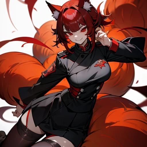 Black and red hair, red eyes, evil smile, wolf ears, nine tails, stockings, uniform, sexy