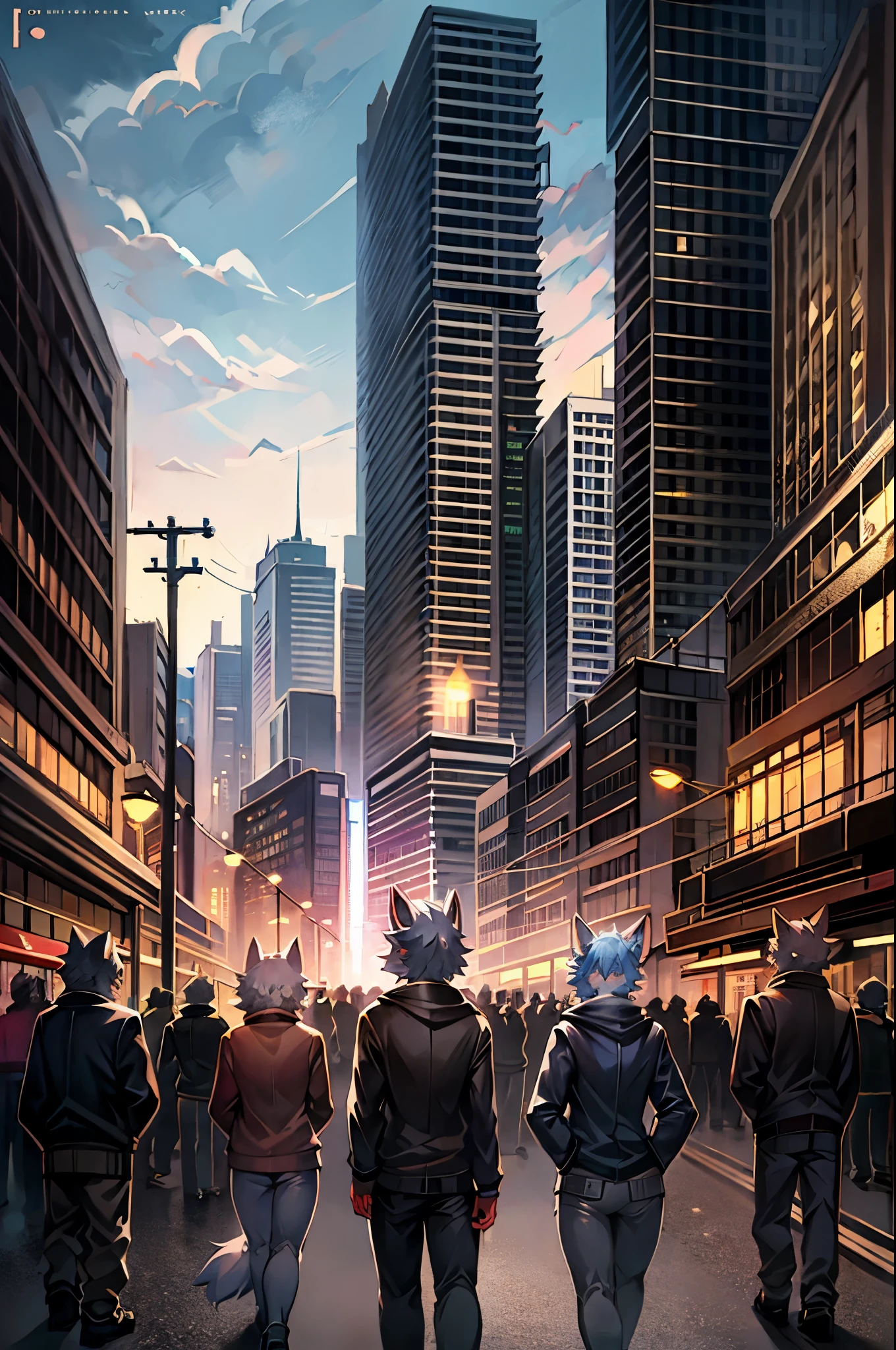 cover page, highres, top quality, best quality, paid reward available, unparalleled masterpiece, perfect artwork, absurdres, High-quality illustrations, super high resolution, detailed background, Crowded cityscape, Crowd, perfect anatomy(6+girls, 6+boys)(kemono, furry),