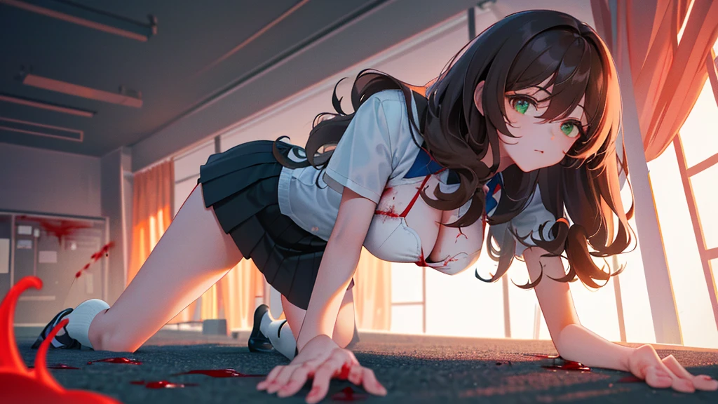 (lie on the ground on your back:1.2), Lisa, genshin impact, 1 girl, alone, ((white )), black high socks, big breasts, cleavage, uniform, ((Killed)), ((From the side)), ((whole body)), (cinematic lighting), (Place your arms on the ground), ((Sea of Blood)), ((Bloody ground)), dutch angle, ((Bloody Body)), ((blood on their clothes)), ((rape face)), (((horror))), ((Open your eyes wide)), office background, ((Stretch your legs)), black skirt, pleated skirt, office, hair between eyes, messy hair, big breasts, long hair, brown hair, red short nails, green eyes, alone, high socks, ((long and thin legs)), very long hair, ((masterpiece)), classroom, board, class board, Beautiful woman, ((highest quality)), (((High resolution))), ((very delicate and beautiful))