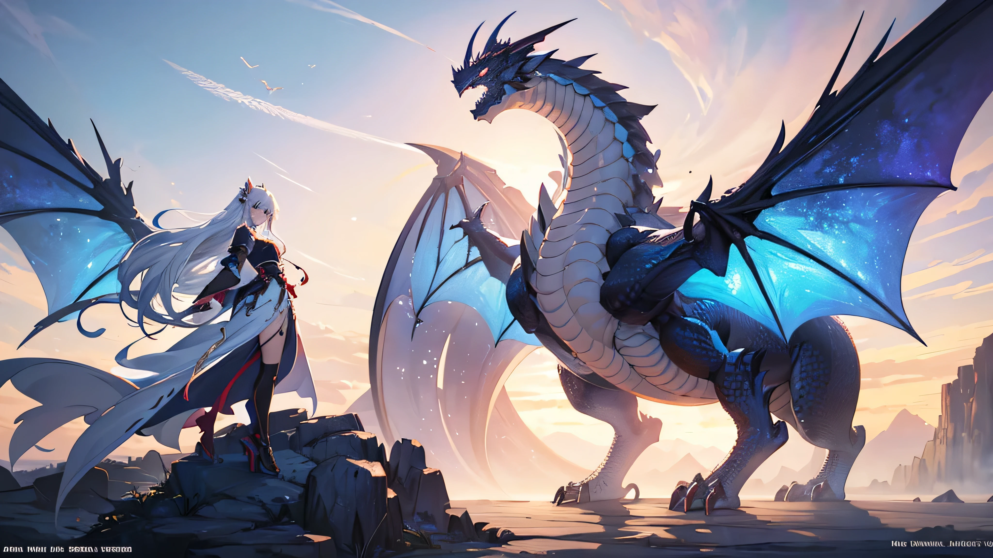 a woman with white hair and blue eyes standing in front of a dragon, dragon girl, beautiful fantasy anime, anime fantasy artwork, anime fantasy illustration, anime art wallpaper 4k, anime art wallpaper 4 k, anime wallpaper 4 k, anime wallpaper 4k, epic anime fantasy, human and dragon fusion, best anime 4k konachan wallpaper, detailed digital anime art