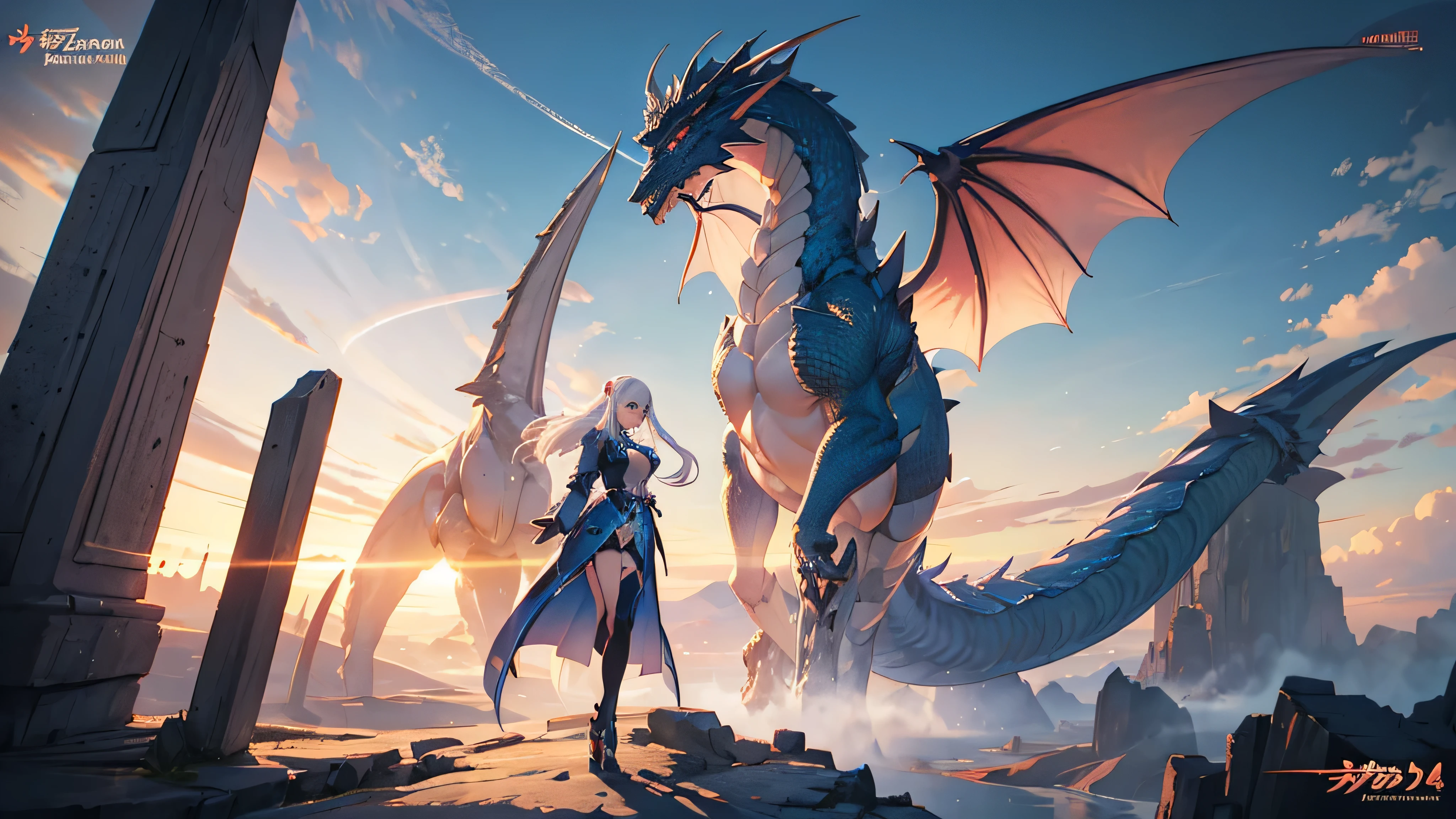 a woman with white hair and blue eyes standing in front of a dragon, dragon girl, beautiful fantasy anime, anime fantasy artwork, anime fantasy illustration, anime art wallpaper 4k, anime art wallpaper 4 k, anime wallpaper 4 k, anime wallpaper 4k, epic anime fantasy, human and dragon fusion, best anime 4k konachan wallpaper, detailed digital anime art