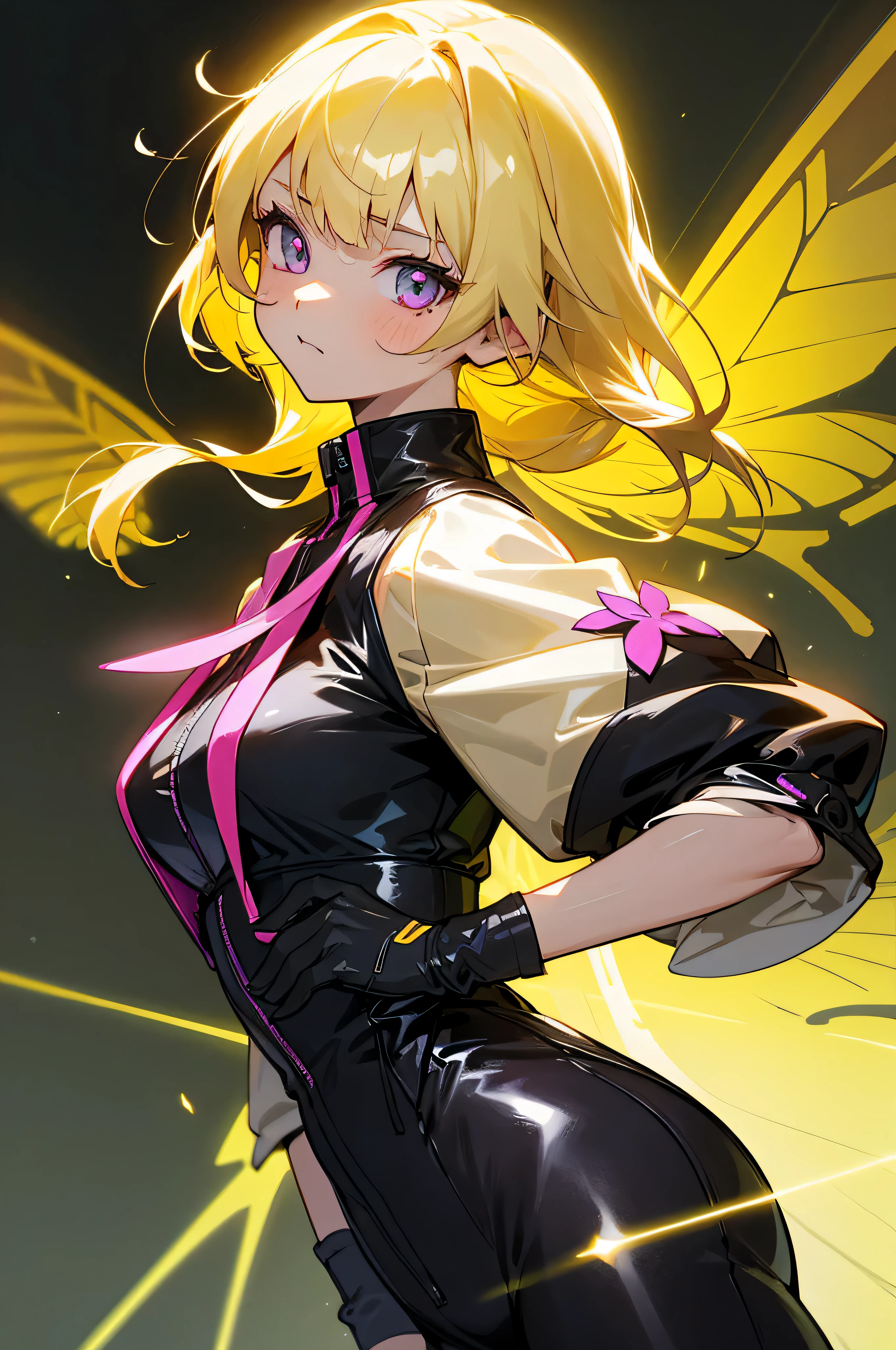 anime illustration、girl、Neon feeling、neon laser、Hair color is gold、Too much exposed waist、Older sister-like short jacket、Make sure the whole body is visible、Butterfly wings on the back、upper grade、A little troubled face、long hairstyles、Bangs Patsun、elation、black leather gloves、information
